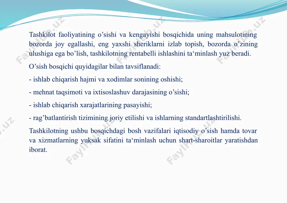 ori bilan)dan iborat. sanatsiya amallarining qo’llanishi quyidagi vazifalarni hal qilish uchun real imkoniyatlarni yaratadi: -korxonaning faoliyati davom etishini ta‘minlash; -qarzdorlar va kreditorlar o’rtasida tinchlik (kelishuv) bitimini tuzish; -korxona aktivlarining uni tugatish chog’idan ko’ra yaxshiroq ro’yobga chiqarilishiga erishish. sanatsiya tashkiliy vamoliyaviy usullarni qo’llagan holda amalga oshirilishi mumkin. birinchi holda korxonaning ma‘muriy apparatida o’zgarishlar o’tkaziladi, norentabel bo’linmalar bartaraf etiladi yoki qisqartiriladi. moliyaviy choralar pul kapitalini safarbar etish uchun yangi aksiya yoki obligatsiyalar chiqarish, bank kreditlarini ko’paytirish va byudjetdan subsidiyalar berish, aksiya (obligatsiya, depozit)lar bo’yicha dividend (foiz)larni kamaytirish, ularni so’ndirish (to’lash) muddatlarini kechiktirish, qisqa muddatli qarzlarni uzoq muddatlisiga o’tkazishni ko’zda tutishi mumkin. agar sanatsiya kutilgan natijalarga olib kelmasa, bankrotlik amali o’tkaziladi. bankrotlik (qodir emaslik), deganda kreditorlarning tovar (ish, xizmat)lari uchun haq to’lash bo’yicha talablarini qondirishga qodir emaslik tushuniladi, bunga byudjetga va nobyudjet fondlariga majburiy to’lovlarning to’lanishini ta‘minlashga qodir emaslik ham kiradi. tashkilotning yashash davri qodir bo’lmaslik (bankrotlik)ning asosiy belgisi joriy to’lovlarning to’xtatilishi hisoblanadi, …
