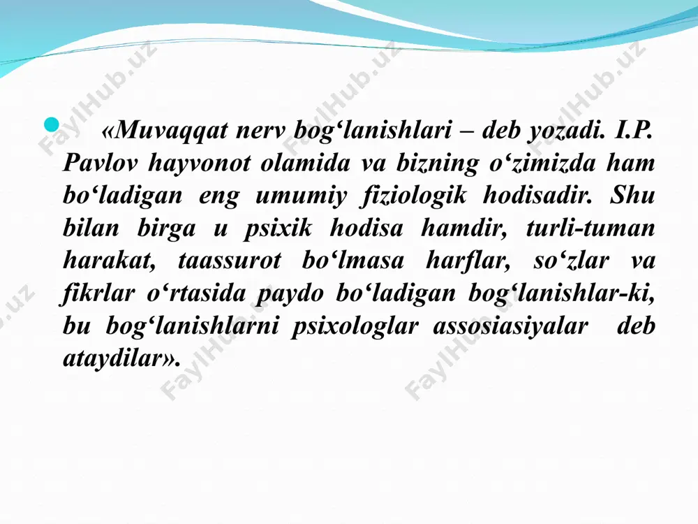 rf qilmasdan esga tushirishdir. ixtiyoriy esga tushirish- shaxs oʻz oliga biror bir maqsadni qoʻyib, iroda kuchini sarflagan holda esga tushirishdir. esda saqlash deganda ilgari tugʻilgan taassurot, fikr, his-tuygʻu va ish-harakatlarning takrorlanishiga moyillik paydo qilishi va mustahkamlanishi tushuniladi reminissensiya hodisasi (xira esga keltirish)-unutilgan narsalarni yana xotirada qaytadan tiklanishi deyiladi esda olib qolish va unutish tezligiga koʻra xotiraning quyidagi tiplari mavjud : 4) sekin esda qoldirib, tez unutish. 3) sekin esda qoldirib, sekin unutish; 2) tez esda qoldirib, tez unutish; 1 ) tez esda qoldirib, sekin unutish; xotira tasavvurlari - ilgari idrok qilingan narsa va hodisalar obrazlarining ongimizda qaytadan gavdalanishiga aytiladi. xotira jarayonining asoslari iii –yoʻnalishda oʻrganilgan: psixologik; neyro-fiziologik; bioximik. xotiraning psixologik nazariyalari inson faolligi bilan bogʻliq boʻlgan xotira jarayonlarini shakllantirishni tadqiq etadi va uning quyidagi turlari mavjud: birinchisi assosiativ nazariyadir. ikkinchi psixologik nazariya xotiraning geshtalt nazariyasidir. uchinchisi bixeviorizm nazariyasi – inson xotirasida, esda olib qolishda takrorlashning ahamiyatiga diqqatni qaratadi. toʻrinchisi freydizm …