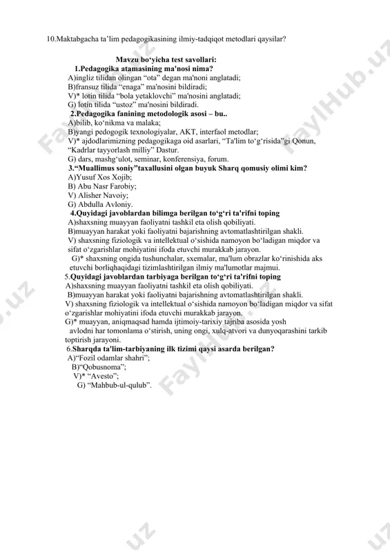 oluvchilarni muayyan mavzu bo‘yicha baholash imkoniyati yaratiladi. bunda ta’lim oluvchilar o‘zlari bergan savollariga guruhdagi boshqa ta’lim oluvchilar bergan javoblarini baholashlari va ta’lim beruvchi ham ta’lim oluvchilarni ob’ektiv baholashi mumkin. nazorat uchun savol va topshiriqlar 1.“maktabgacha pedagogika” tushunchasi qanday mazmunni anglatadi? 2.maktabgacha pedagogika fani nimani o‘rganadi? 3.maktabgacha pedagogika fanining ob'ekti va predmetini izohlang. 4.maktabgacha pedagogika fanining asosiy vazifalariga nimalar kiradi? 5.maktabgacha pedagogikaning asosiy kategoriyalarini sanang va mohiyatini yoriting. 6.qanday metodlar pedagogik ilmiy-tadqiqot metodlari hisoblanadi 7.oʻzbekistonda maktabgacha taʼlimning vujudga kelishi haqida maʼlumot bering? 8.maktabgacha taʼlim pedagogikasi fanining maqsad va vazifalari nimalardan iborat? 9.maktabgacha taʼlim pedagogikasi qaysi fanlar bilan chambarchas bogʻliq? 10.maktabgacha ta’lim pedagogikasining ilmiy-tadqiqot metodlari qaysilar? mavzu bo‘yicha test savollari: 1.pedagogika atamasining ma'nosi nima? a)ingliz tilidan olingan “ota” degan ma'noni anglatadi; b)fransuz tilida “enaga” ma'nosini bildiradi; v)* lotin tilida “bola yetaklovchi” ma'nosini anglatadi; g) lotin tilida “ustoz” ma'nosini bildiradi. 2.pedagogika fanining metodologik asosi – bu.. a)bilib, ko‘nikma va malaka; b)yangi pedogogik texnologiyalar, …