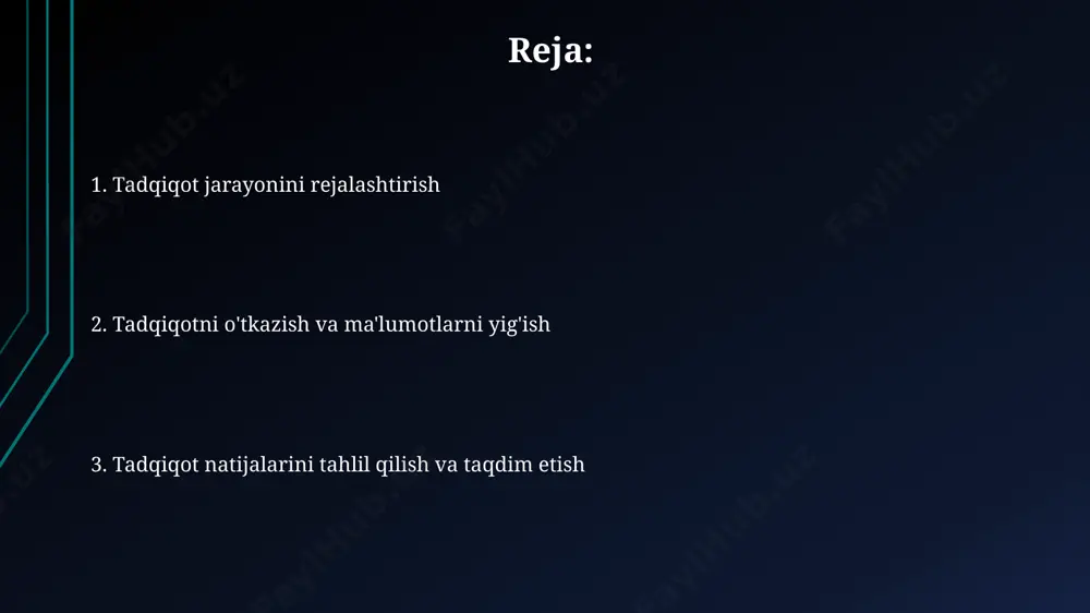 spondent, 20% o'sish) va nazariy asoslarga tayanish muhim ahamiyat kasb etadi. natijalarni talqin qilish va xulosalar chiqarish tadqiqot natijalari nafaqat sonli ma'lumotlar, balki sifatli ma'lumotlar (intervyu, kuzatuvlar) tahlili orqali ham 5-10% xatolik chegarasi bilan talqin qilinishi mumkin. natijalarni talqin qilishda kamida 3 ta statistik usul (masalan, t-test, anova, korrelyatsiya tahlili) qo‘llanilishi va ularning natijalari batafsil bayon etilishi kerak. tadqiqot jarayonini rejalashtirish vaqt jadvalini tuzishda har bir bosqich uchun (adabiyotlarni o'rganish, ma'lumotlarni yig'ish, tahlil qilish) 1-2 hafta vaqt ajratish, shuningdek, kutilmagan holatlar uchun qo'shimcha 10% vaqtni zaxira qilish muhim. tadqiqotning aniq maqsadini va natijalarini 3-5 ta aniq ko'rsatkich bilan belgilash, shuningdek, kerakli ma'lumotlarni yig'ish uchun 2 ta asosiy usulni tanlash lozim. tadqiqot natijalarining amaliy ahamiyati o'tkazilgan tadqiqotlar natijasida 3 ta yangi qonun loyihasi ishlab chiqildi va ular parlament tomonidan qabul qilindi, bu huquqiy tizimni takomillashtirishga olib keldi. tadqiqot natijalari 200 dan ortiq fermer xo'jaliklarining hosildorligini 25% ga oshirishga yordam berdi, bu …