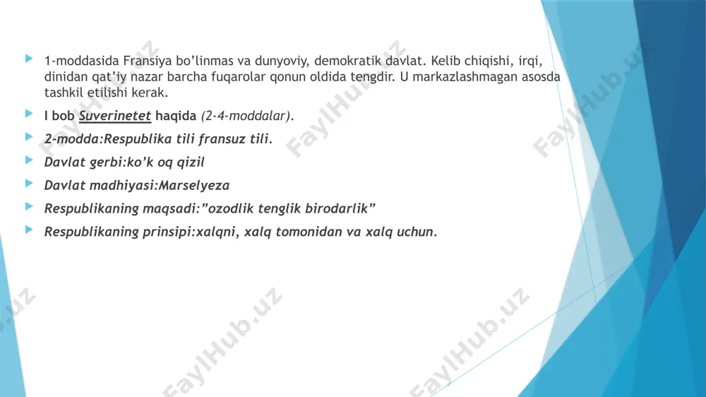 or hisoblanadi bunday holatlar adstlab palata majlisida kurib chiqiladi. 27-modda:hech bir azo hech qanday majburiy mandate asosida saylanmaydi. institutsional aktada bunday istisno holatlar kurib chiqadi. parlament oktyabr oyining 1-ish kunida boshlanganidan va iyun oyining oxirgi ish kuni tugaydigan 1tq navbatdagi sessiyaga tug’ri keladi oraliqdagi sessiya kunlari soni 120 kun yig’ilish kulari palata tomonidan belgilanadi bosh vazir palata raisi yoki kupchilik azolar bilan kelishib qushimcha kun qoydirishi mumkin 29-modda:milliy assambiliyaning kupchilik azolari iltimosi bilan yana kun qushish mumkin qushimcha kun qarori 12 kun ichida yopiladi bu qarorni kurib chiqishni ou oxirigacha bosh vazir talab qilishi mumkin. 30-modda :navbatdan tashqari sessiyani prezident ham farmoni bilan ochishi mumkin. hukumat azolari har 2palataga murojat qilish huquqiga ega va kirish huquqiqga ham ularga comessers de gouvernement yordam bera oladi 32-modda:milliy assambiliya rahbari parlament umriga saylanadi senat azolarini har sahar qisman yangilangan paytda senat raisi saylanishi mumkin 33-modda:2 palataning yig’lishi ochiq utkaziladi uni journal officielda elon …