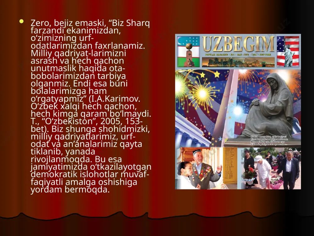 gan boy tarixiy madaniayti bor. insoniyat tarixi, aksiologik nuqtai nazardan, muayyan milliy-etnik qadriyatlarning vujudga kelishi, taraqqiyoti va tanazzuli, ularning o'rniga boshqalari vujudga kelishidan iborat murakkab muammo va jarayonlarni kamrab oladi. bunday qarash g'oyat muhim va dolzarb masalaga, ya'ni millat milliy qadriyatlarining egasi sifatida o'z-o'zini saqlab turmog'i lozim, degan masalaga e'tibor berishga olib keladi. har bir millat o'z qadriyatlarining nafaqat yaratuvchisi, balki asrab-avaylovchisi va kelajakka yetkazuvchisi xamdir. milliy qadriyatlarning saqlanishi uchun har bir millatning o'zi mas'uldir. ushbu mas'ullik milliy rivojlanish jarayonida shakllangan ma'naviy burchning alohida shaxslarga emas, butun millatga xos namoyon bo'lishini anglatadi. hatto xalq ma'lum bir davrda ozod bo'lmagan, siyosiy jarayonlar natijasida biron bir imperiyaga vaqtincha qaram bo'lganda xam unda o'z milliy qadriyatlarini saqlash tuyg'usi yo'qolib ketmaydi. mehnatkash o‘zbek xalqi an’ana nima? an;ana – kishilarning muayantarixiy sharoitida vujudga kelgan va avloddan avlodga o’tib boradigan g’oya, dunyo qarashi, urf-odati, tartib shuningdek xulq atvor me’yoridir. milliy urf-odat, an’analar ta’lim-tarbiyaning muxim maibalari xisoblanadi.chunki …