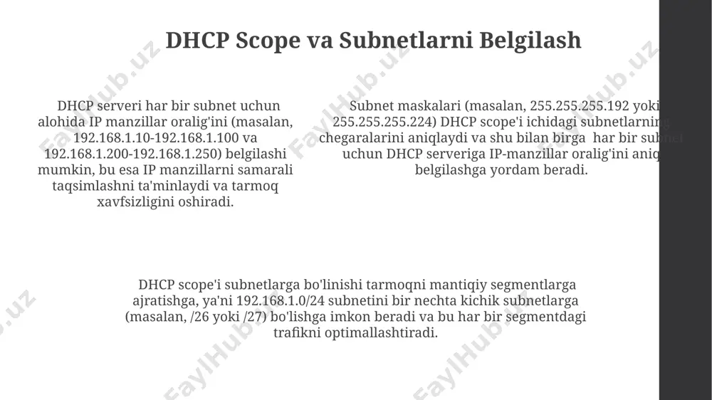 uhimdir. dhcp server 67 va 68 portlari orqali dhcp discover va dhcp offer xabarlarini uzatadi, mijoz esa 68 va 67 portlar orqali javob beradi. bu jarayon ip-manzilni avtomatik ravishda olish uchun muhim ahamiyatga ega. ip-manzil rezervasyonu dhcp rezervasyonlari orqali 100 dan ortiq qurilma uchun ip adreslarni oldindan belgilash mumkin, bu esa tarmoqdagi ip manzillarni samarali boshqarish va potentsial to'qnashuvlarni oldini olishga yordam beradi. ba'zi dhcp serverlari ip-manzil rezervasyonini mac-manzil asosida amalga oshiradi, bu esa aniq qurilmalarga doimiy ip manzillarni tayinlash imkonini beradi va tarmoq xavfsizligini oshiradi. ip-manzil rezervasyonida dhcp serveri 192.168.1.100 dan 192.168.1.200 gacha bo'lgan ip adres oralig'ini 254 ta qurilma uchun ajratish imkoniyatini beradi, bu esa tarmoqni samarali boshqarishga yordam beradi. dhcp relay agentlari dhcp relay agentlari tarmoqdagi turli segmentlar o'rtasida dhcp so'rovlarini yo'naltiradi, masalan, 192.168.1.0/24 va 10.0.0.0/8 kabi subnettar orasida ip-manzillarni avtomatik ravishda taqsimlashni ta'minlaydi. dhcp relay agentlari, 67 va 68 portlaridan foydalanib, dhcp so'rovlarini va javoblarini to'g'ri …
