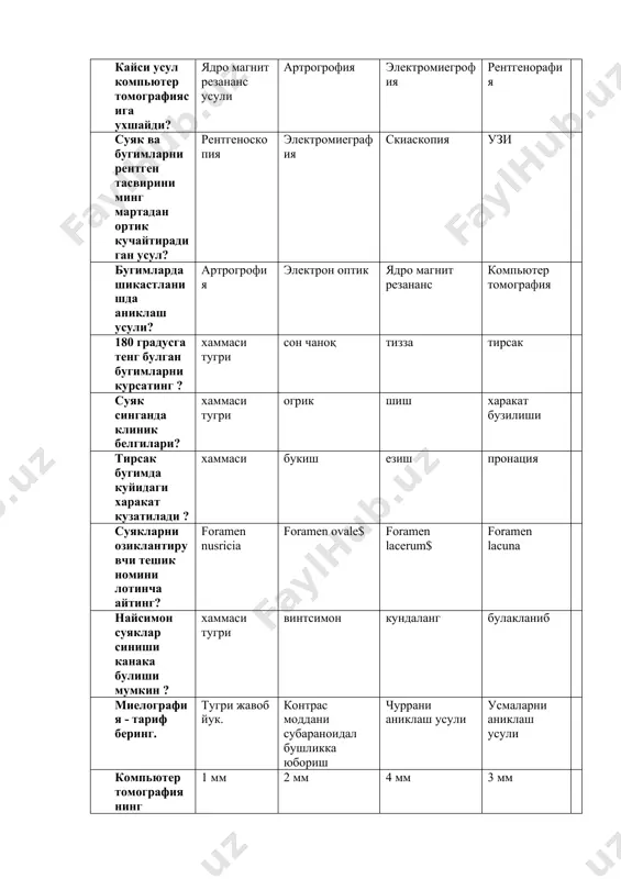 ез остеоплазия остеотомия суякни епик усулда синдириб коррекциялаш? редрессация остеосинтез остеоклазия остеотомия болдир сохасидан скелет тортма утказиш учун каердан утказилади? катта ва кичик болдир диафизидан кичик болдир бошчасидан катта болдир гадур- будиридан катта болдир тупигидан сон суяги каеридан скелет тортма утказилади? диафизидан г/ 2,3,4 катта кустдан а/ 1,2,3 иккала куст устидан б/ 1,2 кустлардан в/ 1,4 суяк синганда булакларни епик усулда жойига куйиш бу? репозиция остеотомия остеоплазия остеосинтез кайиксимон суякнинг синишида канака гипс бойлами куйилади? торакобронхиал гипсли бойлам кожунив стандарт шинаси пиоталетсимон гипсли бойлам шимборецкийнинг винт прессли бойлами гипсли бойлам турлари? хаммаси лангетли церкуляр церкуляр-лангетли галлеацци синишда гипсли бойлам куйиш жойи? кулни бармоклар асосидан то елканинг 1/3 юкори кисмигача кул бармоклар учидан то билак 1/3 кисмигача оёк учидан болдир юкори 1/3 кисмигача оёк учидан соннинг 1/3 кисмигача сон суяги буйнининг латерал синишларида канака гипсли бойлам куйилади? кокситли гипсли бойлам беллер шинасида иммобилизация килинади оёк учидан то соннинг 1/3 юкори кисмигача …