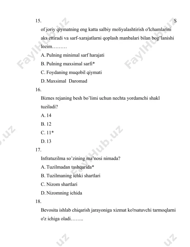 band bo`lgan tashkiliy tuzilmalar va ularning xodimlarini boshqarish tamoyillari, usullari va shakllarning majmuasidir* b. innovatsion o`zgarishlarni tayyorlash va amalga oshirishdan iborat bo`ladi c. yagona bir butunni tashkil qiluvchi o`zaro bog`-langan pallalardan tashkil topgan d. ish bilan band bo'lmagan aholi va ishsizlar o'rtasida kichik tadbirkorlikni rivojlantirish orqali yangi ish o'rinlarini yaratish bilan shug ullanuvchi, odatda bandlik markazlari qoshida tashkil etiluvchituzilma 32. innovatsiya faoliyati tuzilmasining muhim quyi tizimi nima deyiladi?\ a. innavatsion infratuzilma* b. iqtisodiy tahlil c. innavatsion texnologiya d. innnavatsion boshqaruv 33. mualliflikning tasdiqlovchi va uning egasiga kashfiyotga favqulodda huquq beruvchi hujjatdir. a. mualiflik huquqi b. patent c. qism d. davogarlik 34. bozor asosida doimiy va vaqtincha turdagi, bir tomondan innovatsion davraning barcha bo`g`inlarini integratsiyalashishga, boshqa tomondan esa alohida firmalar, innovatsion biznes korxonalari va boshqa tashkilotlar faoliyatini ham bir birlari bilan va bozor iqtisodiyotining boshqa institutlari bilan muvofiqlashtirish va jipslashtirish mexanizmlarini yaratishga asoslangan yangi tashkiliy qurilmalar shakllanadi a. aralash korporativ b. …
