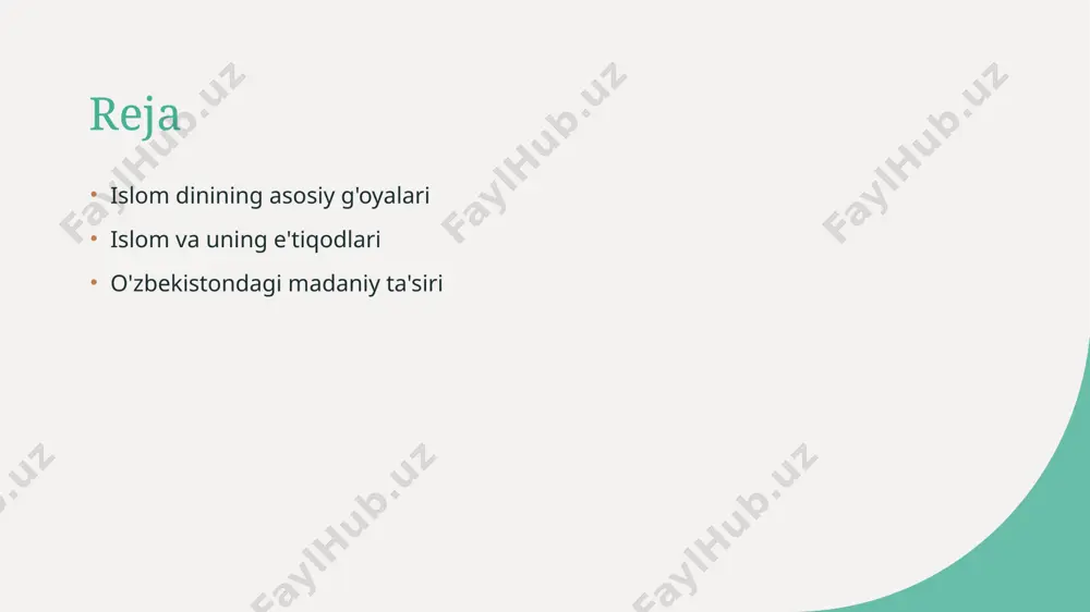 minlash bilan birga, insonlar o'rtasida mehr-muhabbatni oshirishga yordam beradi. islom dinining e'tiqodlari: asosiy tushunchalar va ularga ta'sir ko'rsatadigan omillar. 1 islom e'tiqodlari - islom e'tiqodlari, allohga, farishtalarga, kitoblarga, payg'ambarlar va oxiratga ishonish orqali shakllanadi. bu e'tiqodlar musulmonlarning hayotida markaziy o'rin egallaydi. 2 asosiy tushunchalar - islomning asosiy tushunchalari, tawhid (birlik), risolat (payg'ambarlik) va ahirot (oxirat) kabi g'oyalarni o'z ichiga oladi. bu tushunchalar, e'tiqodning poydevorini tashkil etadi. 3 ta'sir ko'rsatadigan omillar - e'tiqodga ta'sir etuvchi omillar, tarixiy, madaniy va ijtimoiy jihatlar orqali shakllanadi. ular, musulmonlarning hayot tarziga va axloqiy qadriyatlariga ta'sir qiladi. 4 e'tiqod va amaliyot - islom e'tiqodlari, ibodatlar va amaliyotlar orqali ifodalanadi. namoz, ro'za va zakot, e'tiqodning amaliy ko'rsatkichlari bo'lib, jamiyatda ahamiyatlidir. islomda e'tiqodlarning roli: kalit tamoyillar va ularning ahamiyati. e'tiqod tizimi islom e'tiqodlari bir-biriga bog'langan tizimni tashkil etadi, bu esa musulmonlarning hayoti va amaliyotini birlashtiradi. bu tizim, e'tiqodning kuchini ko'rsatadi. kalit tamoyillar islomning asosiy tamoyillari, allohga, farishtalarga, kitoblarga, …