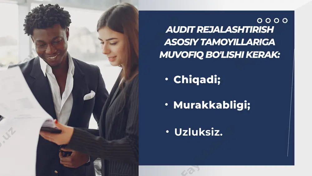 da ogohlantirsa, shuningdek, noto‘g‘ri axborotni aniqlasa, uni samarador deb hisoblash mumkin. ichki nazorat tizimining samaradorligini baholanishida, auditorlik tashkiloti auditorlik isbot-dalillarining yetarli miqdorini to‘plashi kerak. agar auditorlik tashkiloti moliyaviy hisobotning ishonchliligi xususida yetarli darajada ishonch hosil qilish uchun ichki nazorat tizimiga va buxgalteriya hisobi tizimiga asoslanishga qaror qilsa, u kelgusi audit hajmini tegishli tarzda tuzatishi kerak bo‘ladi. 4.audit umumiy rejasi va dasturini tayyorlashda auditorlik tashkiloti moliyaviy hisobotni ishonchli deb hisoblash imkonini beradigan muhimlilik darajasi va auditorlik riskining uning uchun maqbul darajasini belgilashi kerak. auditorlik riskini rejalashtirishda, auditorlik tashkiloti, xo‘jalik yurituvchi subyekt auditidan qat’i nazar, ushbu hisobotga xos bo‘lgan moliyaviy hisobotning ajralmas riski va nazorat riskini belgilaydi. belgilangan risklar va muhimlilik darajasi yordamida auditorlik tashkiloti audit uchun ahamiyatli sohalarni aniqlaydi va zarur auditorlik tartib-taomillarini rejalashtiradi. audit jarayonida rejalashtirishda belgilangan auditorlik riski va muhimlilik darajasining o‘zgarishiga ta’sir ko‘rsatadigan holatlar yuzaga kelishi mumkin. 5.auditning umumiy rejasi va dasturini tuzishda, auditorlik tashkiloti hisob axborotiga ishlov …