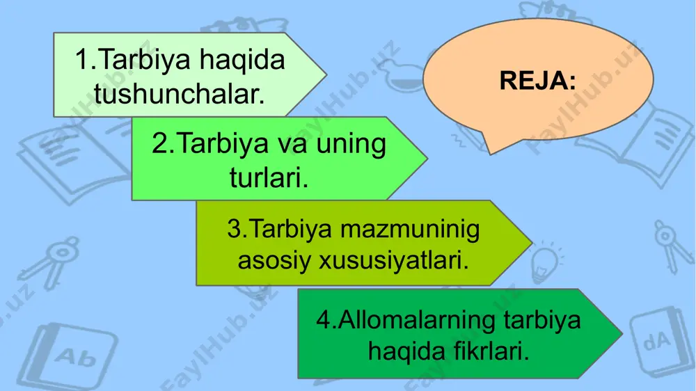 imni o'rganish maqsadida tashkil etiladi va pedagog va o'quvchining faoliyat jarayoni tushuniladi. enter title 6 jismoniy tarbiya tarbiya turlari axloqiy tarbiya mehnat tarbiyasi huquqiy tarbiya ekologik tarbiya aqliy tarbiya diniy tarbiya estetik tarbiya enter title 7 o’zbekistonning hozirgi sharoitida tarbiya jarayonini uzluksiz ma’naviy tarbiya kontseptsiyasi asosida amalga oshirish belgilangan. bu borada o’zbekiston respublikasi vazirlar mahkamasining 2019 yil 31 dekabrdagi 1059-sonli ―uzluksiz ma’naviy tarbiya kontsepsiyasini tasdiqlash va uni amalga oshirish chora-tadbirlari to’g’risida‖gi qarori qabul qilindi. 8 tarbiya xususiyatlari to’rtinchi bosqich – o’rta maxsus, kasb-hunar va oliy ta’lim muassasalaridagi davrlar kiradi. uchinchi bosqich – umumiy o’rta ta’lim davri, bu bosqich 2 ga bo'linadi:1-boshlang'ich sinflar(1-4),yuqori sinflar(5-11) ikkinchi bosqich – maktabgacha bo’lgan ta’lim (3-6yoshgacha bo’lgan) davr kiradi 1-bosqich.oilalarda amalga oshiriladi.unga homiladorlik davri va bola tug'ilgandan 3-yoshgacha bo'lgan davr kiradi. enter title 9 umumiy o'rta ta'lim muassasalari o'quvchilarining yosh va psixologik xususiyatlarini inobatga olgan holda ularning ongiga umuminsoniy qadriyatlar va yuksak ma'naviyatni yanada chuqur singdirish …