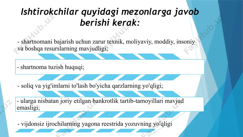 davlat buyurtmachisi bilan xarid qilish tartib-tamoyillari va davlat xaridlari natijalari bo‘yicha belgilangan shartlarda shartnoma tuzishdan bosh tortgan yoki boshqacha tarzda bo‘yin tovlagan xarid qilish tartib-tamoyillari g‘oliblari to‘g‘risida; - majburiyatlarning bajarilmaganligi yoki lozim darajada bajarilmaganligida belgilangan tartibda aybdor deb topilgan ijrochilar to‘g‘risida, bundan fors-major holatlari tufayli majburiyatlarni bajarmaganlik yoki lozim darajada bajarmaganlik hollari bundan mustasno; - yolg'on ma'lumot bergan ishtirokchilar haqida yoki bir xil lotda ishtirok etayotgan kaffillangan shaxslar to‘g‘risidagi ma’lumotlarni oshkor etmagan soxta hujjatlar yoki davlat xaridlari jarayonida manfaatlar to‘qnashuvi; - firibgarlik, qalbakilashtirish va korruptsiya bilan bog'liq jinoyatlarni sodir etishda sud qarori bilan aybdor deb topilgan ijrochilar to'g'risida. /docprops/thumbnail.jpeg