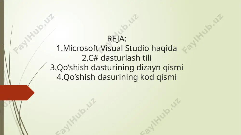jadallik bilan olib kirish g‘oyasi ilgari surilgan edi. prezidentimiz tashabbusi bilan o`zbekiston respublikasi vazirlar mahkamasining 2001-yil 23- maydagi 230-sonli «2001—2005 yillarda kompyuter va axborot texnologiyalarini rivojlantirish», shuningdek, «internet»ning xalqaro axborot tizimlariga keng kirib borishini ta`minlash dasturini ishlab chiqishni tashkil etish chora-tadbirlari to`g‘risida»gi qarorlari qabul qilindi. microsoft visual studio haqida microsoft korporatsiyasi o‘zining oynalar bilan ishlovchi va dunyoda eng ko‘p tarqalgan va juda ham ko‘p foydalanuvchilar tomonidan ma‘qullangan operatsion tizimi windows uchun ishlab chiqqan visual studio (vs) muhiti ham faqatgina oynalar orqaligina ishlaydi. unda mavjud barcha dastrulash tillari oynalarga bo‘lingan va shu oynalar yordamida bir biriga bog‘langan. vs yuklash uchun пуск->program->microsoft visual studio->microsoft visual studio ketma ketligini bajarish kerak.vs yuklanganda odatda quyidagi ko‘rinishda bo‘ladi. birinchi navbatda,vs yuklanganda start page muloqot oynasi ochiladi. 1.1.1-chizma. ms visual studio muloqot oynasi. menyular paneli bilan ishlash. 1.file - new – yangi loyiha yaratish - open – yaratilgan loyihani ochish - close – joriy loyihani yopish …