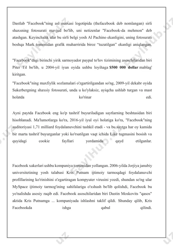 rika jurnaliga bergan intervyusida: "ko'k - men uchun eng boy rangdir". birjadagi facebook aksiyalarining tarixi bir necha bor ko'tarilish va pasayishdir. bir vaqtlar facebook'ning iposi aqsh tarixidagi eng qimmat bo'lgan, kompaniya $104 milliard dollarga baholangan, 1 dona aksiyasini $38 dollarga sotib olish mumkin edi. biroq, keyin aksiyalar narxi pasayishni boshlagan. eng yomon davrda va bu 2012-yil sentyabr oyida edi, aksiya narxi $18 dan oshmadi va ko'plab investorlar vahima ichida ulardan qutulishni boshladilar. ammo birjada aksiyalarni sotib olganlar xursand, chunki hozirda bitta facebook aksiyasining qiymati $62 dollarni tashkil etadi. misrdagi inqilobning ba'zi ishtirokchilariga uning qizi facebook jamal ibrohim ismini qo'yishdi. bu bilan u misr inqilobida asosiy rollardan birini o'ynagan ijtimoiy tarmoq hayotidagi muhimligini ta'kidladi. ma'lum bir amerikalik ishbilarmon pol chelya 2010-yilda asoschi mark sukerberg bilan tuzilgan veb-saytni tuzish to'g'risidagi shartnoma asosida "facebook"ning 50 foiz aksiyalariga egalik qilish huquqini qo'lga kiritishga o'ringan. facebook xususiyatlari agar siz "facebook"ning displey tilini o'zgartirishingiz kerak bo'lsa, …