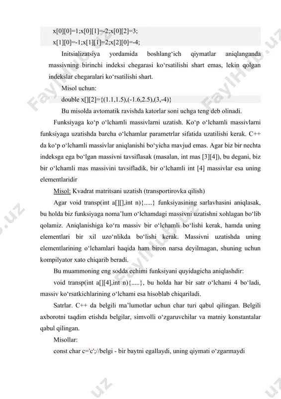 iqlanadi va massiv oxiriga satr ko‘chirish '\0'simvoli qo‘shiladi. yuqoridagi initsializatsiyani quyidagicha amalga oshirish mumkin: char capital[]={'t','a','s','h','k','e','n','t','\0'}; bu holda so‘z oxirida '\0'simvoli aniq ko‘rsatilishi shart. qiymat berish operatori yordamida satrga qiymat berish mumkin emas. satrni massivga yoki kiritish paytida yoki nomlantirish yordamida joylashtirish mumkin. funksiyalar va satrlar. funksiyalarda satrlar ishlatilganda ularning chegarasini ko‘rsatish shart emas. satrlarning uzunligini hisoblash len funksiyasii quyidagicha ta’riflash mumkin: int len(char c[]) { int m=0; for(m=0;c[m]!=’0’;m++); return m; }; bu funksiyaning standart varianti strlen deb ataladi va bu funksiyadan foydalanish uchun string.h sarlavxali faylidan foydalanish lozim. so‘zlar massivini kiritish. c++ tilida so‘zlar massivlari ikki o‘lchovli simvolli massivlar sifatida ta’riflanadi. misol uchun: char name[4][5]. bu ta’rif yordamida har biri 5 ta harfdan iborat bo‘lgan 4 ta so‘zli massiv kiritiladi. so‘zlar massivlari quyidagicha initsializatsiya qilinishi mumkin: char name[3][8]={ "anvar","mirkomil","yusuf"}. bu ta’rifda har bir so‘z uchun xotiradan 8 bayt joy ajratiladi va har bir so‘z oxiriga ' \0' belgisi qo‘yiladi. …