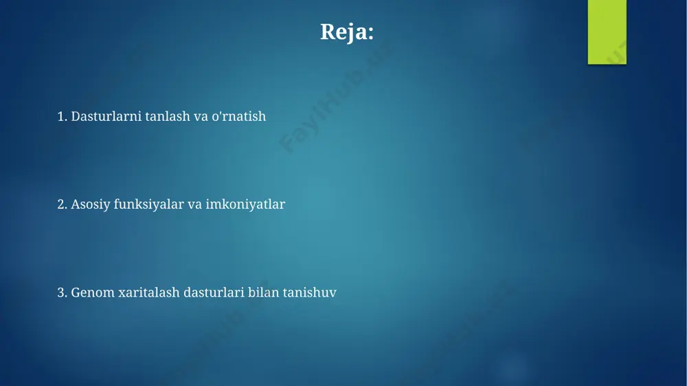 rish vositalari genom xaritalash dasturlarining asosiy tarkibiy qismlaridan biri bo'lib, ular 90% dan yuqori o'xshashlik darajasiga ega genlarni aniqlashga yordam beradi. genom xaritasini yaratish jarayoni yuqori o'tkazuvchanlikdagi ketma-ketlikni aniqlash texnologiyalari, masalan, illumina yoki pacbio, genom xaritasini yaratishda millionlab o'qishlarni taqdim etadi, bu esa aniqlikni oshiradi. genom xaritasini yaratishda 1000 dan ortiq markerlar, masalan, snplar yoki strlar, genom bo'ylab tarqatilib, ularning o'zaro masofalarini aniqlash uchun ishlatiladi. muammolarni bartaraf etish va qo'shimcha resurslar dasturlar xatoliklarni aniqlash va tuzatish uchun statistik usullarni, jumladan, bayes statistikasini va 3-avlod ketma-ketlik o'qish ma'lumotlarini ishlatadi. onlayn qo'llanmalar va o'quv qo'llanmalari, shuningdek, 50 dan ortiq o'quv videolari va forumlar kabi qo'shimcha resurslar, dasturlarni o'rganishni osonlashtiradi. e'tiboringiz uchun rahmat @taqdimot_robot image6.jpg image7.jpg image8.jpg image9.jpg image10.jpg image11.jpg image12.jpg image2.png image3.png image4.png image5.png