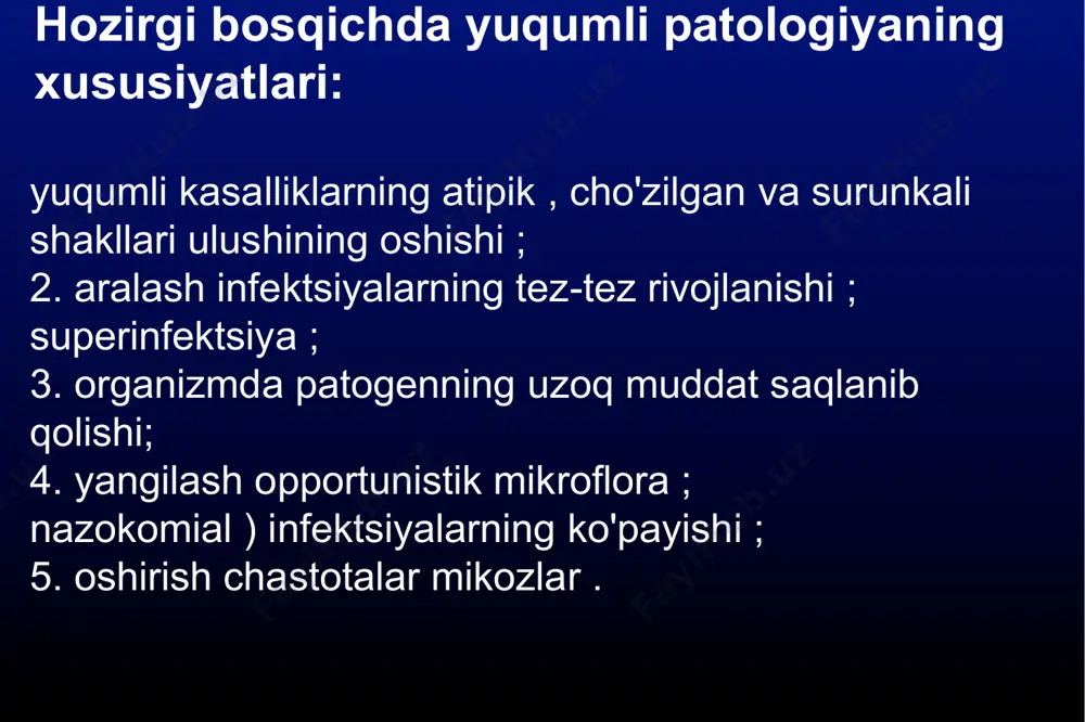 lashdan iborat bo'lgan individual profilaktika choralarini ham o'z ichiga olishi mumkin. profilaktik choralar maxsus , davolash-profilaktika va sanitariya-epidemiologiya muassasalari mutaxassislari tomonidan amalga oshiriladi. amalga oshirishda bular hodisalar bilan birga sog'liqni saqlash organlari, ko'pincha boshqa vazirliklar va idoralar, shuningdek, aholining umumiy qatlamini jalb qiladi. profilaktika chora-tadbirlari tizimi o'ta xavfli (karantin) infektsiyalar haqida gap ketganda xalqaro choralarni ham o'z ichiga oladi. epidemiya jarayonining ko‘rib chiqilgan aloqalariga asoslanib, barcha profilaktika va epidemiyaga qarshi chora-tadbirlarni uch guruhga bo‘lish nazariy va amaliy jihatdan asoslanadi: infektsion manbasini zararsiz qilishga (yoki uni yo'q qilishga) qaratilgan chora-tadbirlar. yuqtirish yo'llarini buzish maqsadida infektsiyani yuqtirish mexanizmini hal qilish bo'yicha ko'rilgan choralar. aholining immunitetini oshirish chora-tadbirlari. infektsion manbasiga qarshi choralar antroponozlarning oldini olish va epidemiyaga qarshi chora-tadbirlar guruhiga diagnostika, izolyatsion, terapevtik va cheklovchi choralar. bemorlarni faol va to'liq identifikatsiyalash keng qamrovli diagnostika asosida amalga oshiriladi. keyingi izolyatsiya va davolash kasalxona sharoitida (kasalxonaga yotqizish uchun klinik va / yoki epidemiologik ko'rsatkichlar mavjud …