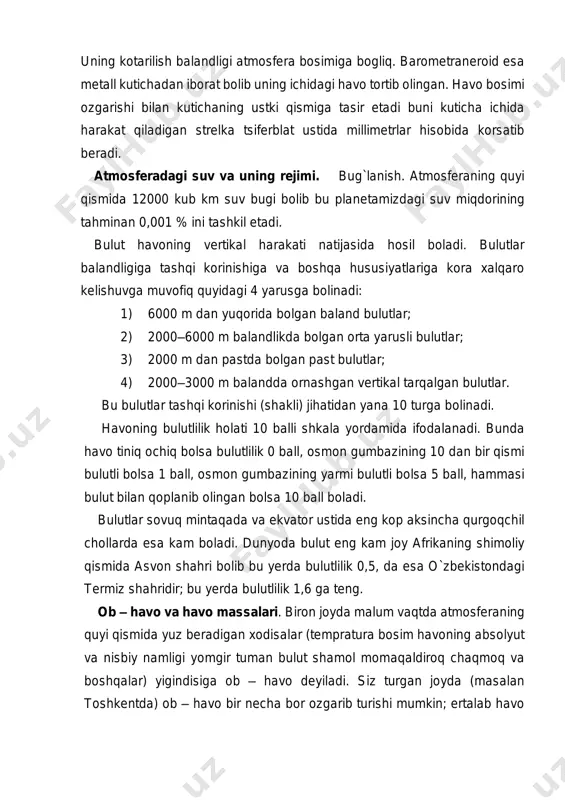 ish. atmosferaning quyi qismida 12000 kub km suv bugi bolib bu planetamizdagi suv miqdorining tahminan 0,001 % ini tashkil etadi. bulut havoning vertikal harakati natijasida hosil boladi. bulutlar balandligiga tashqi korinishiga va boshqa hususiyatlariga kora xalqaro kelishuvga muvofiq quyidagi 4 yarusga bolinadi: 1) 6000 m dan yuqorida bolgan baland bulutlar; 2) 2000–6000 m balandlikda bolgan orta yarusli bulutlar; 3) 2000 m dan pastda bolgan past bulutlar; 4) 2000–3000 m balandda ornashgan vertikal tarqalgan bulutlar. bu bulutlar tashqi korinishi (shakli) jihatidan yana 10 turga bolinadi. havoning bulutlilik holati 10 balli shkala yordamida ifodalanadi. bunda havo tiniq ochiq bolsa bulutlilik 0 ball, osmon gumbazining 10 dan bir qismi bulutli bolsa 1 ball, osmon gumbazining yarmi bulutli bolsa 5 ball, hammasi bulut bilan qoplanib olingan bolsa 10 ball boladi. bulutlar sovuq mintaqada va ekvator ustida eng kop aksincha qurgoqchil chollarda esa kam boladi. dunyoda bulut eng kam joy afrikaning shimoliy qismida asvon shahri …
