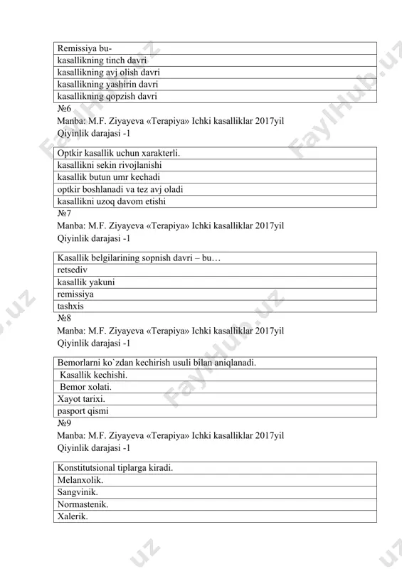 eva «terapiya» ichki kasalliklar 2017yil qiyinlik darajasi -3 krupozzotiljamniboshlangich-kuyilishbooskichidaauskulgptativfenomen: namxirillashlar quruqxirillashlar krepitatsiya indux bronxialnafas №30 manba: m.f. ziyayeva «terapiya» ichki kasalliklar 2017yil qiyinlik darajasi -1 not nima? tomir urishi. yurak urishi. nafas olish tezligi. nafas maromi. №31 manba: m.f. ziyayeva «terapiya» ichki kasalliklar 2017yil qiyinlik darajasi -1 ekssudativplevritgaxosbulmaganbelgi: bo`g`ilishxurujlari* xansirash yuzakinafas tanaxaroratiniko`tarilishi №32 manba: m.f. ziyayeva «terapiya» ichki kasalliklar 2017yil qiyinlik darajasi -1 yurakni auskultatsiyasida nimalar eshitiladi? yurak chegarasi. yurak ritmi. yurakdagi ogpriq. yurak massasi. №33 manba: m.f. ziyayeva «terapiya» ichkikasalliklar 2017yilqiyinlikdarajasi -1 exokardiografiya yordamida aniqlanadi. ayirik qon tomirlardagi o`zgarishlar. yurak ritmi. yurakning ohangi va shovqinlarining grafik ifodasi. yurakning elektr xodisalarini qayd qilish. №34 manba: m.f. ziyayeva «terapiya» ichki kasalliklar 2017yil qiyinlik darajasi -1 subfebril isitmani toping: 370-380 380-390 400-410 360-390 №35 manba: m.f. ziyayeva «terapiya» ichki kasalliklar 2017yil qiyinlikdarajasi -2 tomografiyaning avzalligi nimada? to`qimalarni tuzilishini aniqlash. organlarni chegaralarini aniqlash. to`qimalarni qavatma-qavat suratga olish. organlar tasvirini olish. №36 manba: m.f. …