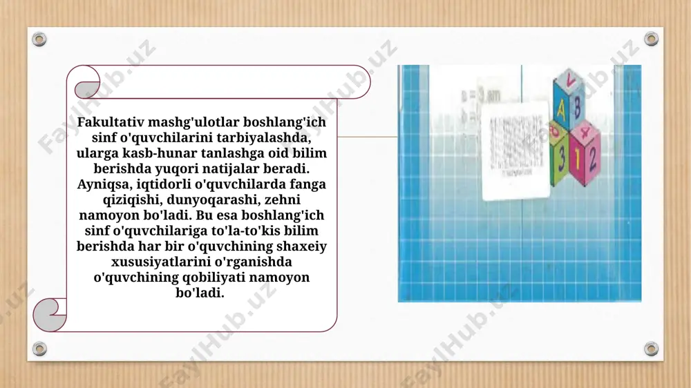 ashg’ulotlar va fanlar chuqur o’rganiladigan sinflarning ishlarini yo’lga qo’yishning muhim printsiplaridan biri o’qitishning tegishli formasida qatnashishni xohlagan biror sohaga doimiy qiziqish va moyillik ko’rsatgan har bir o’quvchining tayyorgarligini shakllantirishdan iborat. shu bilan birga, qo’shimcha o’quv faoliyatini tanlash ishonchli, yuqori sinf o’quvchilarining fanni chuqur o’rganish ishi muvaffaqiyatli bo’lishi uchun puxta o’ylangan va hamma joyda tashkil kilingan fakultativ mashg’ulotlarga tayyorlash sistemasi, har bir o’quvchiga „o’z kuchini sezish" ga qiziqarli va kuchi yetadigan mashg’ulotlar tanlashga, o’z qobiliyatini aktiv rivojlantirishga yordam beradigan o’quv-tarbiya tadbirlari zarur. buning uchun o’rta maktabning boshlang’ich va o’rta sinflarida matematikadan sinfdan tashqari keng rivojlantirilgan ommaviy ish zarur va bu ish shunga xizmat qiladi. tabiiyki, boshlang’ich va o’rta sinflarda vaqtidan oldin o’tkazilgan fakultativ mashg’ulotlar yoki biror o’quv fanini, qo’shimcha, chuqurroq o’rgatish mutlaqo o’z-o’zini oqlamaydi. boshlang’ich sinf o’quvchilarini fakultativ mashg’ulotga tayyorlashning o’quvchilarning yosh xususiyatlari va imkoniyatlariga mos keladigan eng tabiiy va sinalgan formasi sinfdan tashqari ishdir. hozirgi vaqtda maktabning matematik ta’limning yangi …