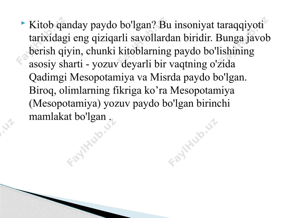 ar bilan yaqin aloqalar oʻrnatgan, oʻsha davrlardagi mavjud qoʻlyozmalar bilan ham tanish boʻlgan. oʻzbekiston xalqlarining qad. yozma yodgorliklari saqlanmagan. beruniyning xabar berishicha, kitob xazinalari va ularni saqlovchilar turli istilo'lar davri (7—9-asrlar)da yoʻq qilib yuborilgan. ix—x-asrlarda oʻrta osiyoda fan va madaniyat rivojlandi. buxoro, samarqand, marv, urganch va boshqa yirik shaharlar hukmdorlari saroylarida kutubxonalar barpo etildi. ayniqsa, buxoroda koʻp kutubxonalar mavjud boʻlgani haqida maʼlumotlar bor. ulardan eng mashhuri, eng boy va yirigi somoniylar sulolaviy kutubxonasi edi. madrasa va masjidlar qoshida ham kutubxonalar boʻlgan. moʻgʻullar istilosi arafasida marv shahrida 10 ta yirik kutubxona boʻlganligi haqida maʼlumotlar bor. xiii-asrda samarqand, buxoro, fargʻona, balx va boshqa shaharlar madaniyat markazlari, olimlar toʻplanadigan joy boʻlib, ularda yirik kutubxonalar mavjud edi. xiv-asrning 2-yarmidan oʻrta osiyoda madaniy hayotning yangidan yuksalishi kutubxonalarning qayta tiklanishida ham namoyon boʻldi. xiv-asr oxirida shayx muhammad porso umum uchun ochgan maskan vaqf kutubxonasi tarzida xix-asr 40-yillarigacha faoliyat koʻrsatgan. buxoro, samarqand, qarshi, xiva va boshqa shaharlardagi …