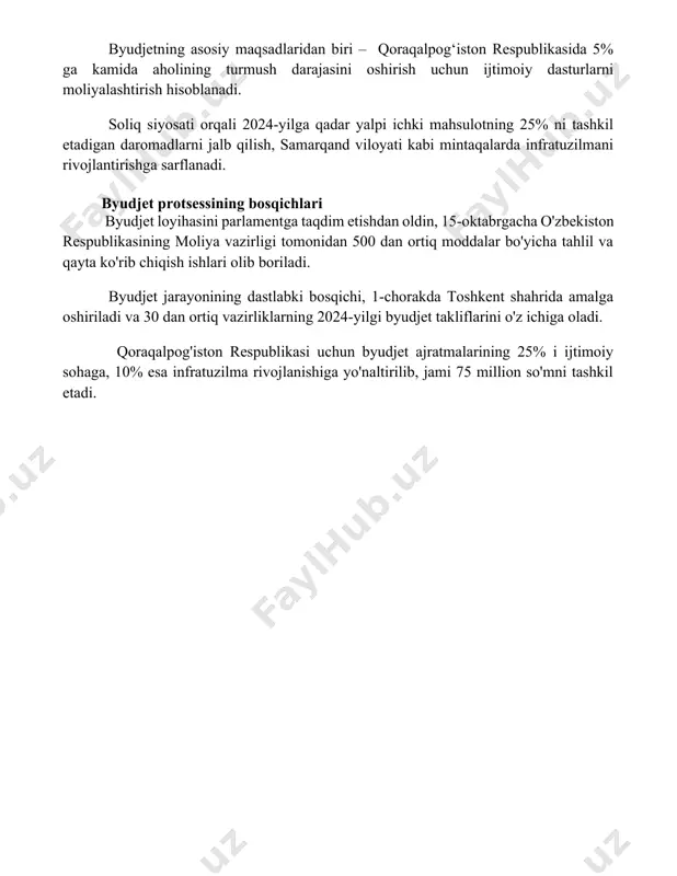 rni moliyalashtirish hisoblanadi. soliq siyosati orqali 2024-yilga qadar yalpi ichki mahsulotning 25% ni tashkil etadigan daromadlarni jalb qilish, samarqand viloyati kabi mintaqalarda infratuzilmani rivojlantirishga sarflanadi. byudjet protsessining bosqichlari byudjet loyihasini parlamentga taqdim etishdan oldin, 15-oktabrgacha o'zbekiston respublikasining moliya vazirligi tomonidan 500 dan ortiq moddalar bo'yicha tahlil va qayta ko'rib chiqish ishlari olib boriladi. byudjet jarayonining dastlabki bosqichi, 1-chorakda toshkent shahrida amalga oshiriladi va 30 dan ortiq vazirliklarning 2024-yilgi byudjet takliflarini o'z ichiga oladi. qoraqalpog'iston respublikasi uchun byudjet ajratmalarining 25% i ijtimoiy sohaga, 10% esa infratuzilma rivojlanishiga yo'naltirilib, jami 75 million so'mni tashkil etadi. 📌xulosa бюджет баланси ва бюджет тенгламаси давлат молиявий салоҳиятини акс эттиради, бюджет тақчиллиги ёки ортиқчасини аниқлаш ва молиявий сиёсатни оптималлаштириш имконини беради. 📚foydalanilgan adabiyotlar 1. blanchard, o. j. (2017). makroiqtisodiyot. (makroiqtisodiyotning o'zbek tilidagi tarjimasi mavjud bo'lsa, unga havola berish kerak.) 2. mankiw, n. g. (2019). makroiqtisodiyot nazariyasi. (makroiqtisodiyotning o'zbek tilidagi tarjimasi mavjud bo'lsa, unga havola berish kerak.) …