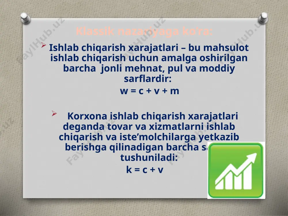 lash atrof-muhit muhofazasi jamg’arish soliqlar buxgalteriya foydasi sotilgan mahsulot uchun tushgan umumiy pul summasidan ishlab chiqarishning tashqi xarajatlari chiqarib tashlash yo’li bilan aniqlanadi. buxgalteriya atamasi bo’yicha buxgalteriya foydasi umumiy pul tushumi tashqi xarajatlar me’yordagi foyda ichki xarajatlar tashqi xarajatlar umumiy pul tushumi iqtisodiy foyda iqtisodiy atama bo’yicha korxona foydasining mutlaq miqdori uning massasini tashkil qiladi. foyda massasining ishlab chiqarish xarajatlariga nisbati va uning foizda ifodalanishi foyda normasi deyiladi. foyda normasining hisoblashning amaliyotda ikki variantidan foydalaniladi. p’ - foyda normasi; p - foyda massasi; w – ishlab chiqarish xarajatlari. k avans (asosiy kapital + aylanma kapital) - korxona avanslangan mablag’lari yoki asosiy va aylanma kapitalning o’rtacha yillik qiymati. moschino kompaniyasining 2014-2018 yillarda zarar va foydasi e’tiboringiz uchun rahmat image5.png image6.jpg image7.jpeg image8.gif image9.gif image10.jpg image11.jpg image12.gif image13.jpg image14.jpg image15.jpeg image16.jpg image17.jpg image18.jpg image19.jpg image20.jpeg image21.jpg image22.jpg image23.gif image24.jpg image25.jpg image26.jpg image27.jpg image28.png image29.jpg image30.png image31.jpeg image32.png image33.gif image34.jpeg image35.jpeg image3.jpeg image4.png