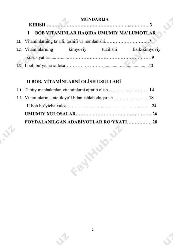 iqiladi. kurs ishi davomida vitamin yetishmovchiligi (gipovitaminoz) va ortiqchaligi (gipervitaminoz) bilan bog‘liq muammolar, ularning klinik belgilari va davolash usullari ham tahlil etiladi. ushbu tadqiqotning dolzarbligi zamonaviy tibbiyot va farmatsevtika sanoatida vitaminlarning ahamiyati tobora ortib borayotganligi bilan belgilanadi. to‘g‘ri ovqatlanishning buzilishi, turli kasalliklar va ekologik noqulay omillar vitaminlarga bo‘lgan ehtiyojni oshiradi. shu sababli, vitaminlarni olishning samarali va xavfsiz usullarini ishlab chiqish, ularning sifatini nazorat qilish va aholini vitaminlar bilan ta’minlash muhim ahamiyat kasb etadi. ushbu kurs ishi mavzusi bo’yicha dunyoda va o‘bekistonda olib borilayotgan islohatlar: sintetik vitaminlarni ishlab chiqarish texnologiyalarini takomillashtirish: yashil kimyo (green chemistry) tamoyillari: atrof-muhitga kamroq zarar yetkazadigan, energiya tejamkor va xavfsizroq sintez usullarini ishlab chiqishga qaratilgan tadqiqotlar faol olib borilmoqda. bu, ayniqsa, katta hajmlarda ishlab chiqariladigan vitaminlar uchun muhimdir. biokataliz va fermentativ sintez: kimyoviy reagentlar o‘rniga biologik katalizatorlardan foydalanish orqali yanada selektiv va samarali sintez yo‘llarini izlash. oqim reaktorlari (flow reactors): reaksiya jarayonlarini uzluksiz va nazorat ostida olib …