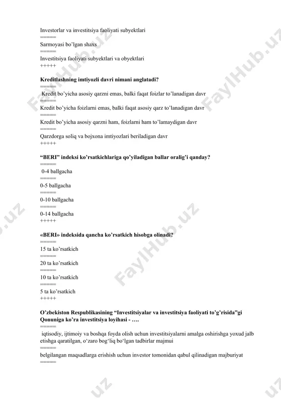 risida”gi qonunida ===== o’zbekiston respublikasining “maxsus iqtisodiy zonalar to’g’risida”gi qonunida +++++ moliyaviy investitsiya obyektlari bo’lib .... hisoblanadi ===== qimmatli qog’ozlar ===== korxonaning aylanma fondlari ===== korxonaning asosiy fondlari ===== qonun bilan ta’qiqlanmagan tadbirkorlik faoliyatining barcha turlari +++++ quyidagilardan qay biri investitsiya loyihalari iqtisodiy samaradorligini baholashning diskontlash usullari tarkibiga kirmaydi? ===== qoplash muddati usuli ===== sof joriy qiymat usuli ===== foydaning ichki me’yori usuli ===== rentabellik indeksi usuli +++++ inson potentsiali, malakasi va ishlab chiqarish tajribasiga qo’yilgan investitsiya deb … tushuniladi ===== ijtimoiy investitsiya ===== innovatsion investitsiya ===== kapital investitsiya ===== moliyaviiy investitsiya +++++ mulkchilik shakliga ko’ra investitsiyalar quyidagicha turlarga bo’linadi: ===== davlat, xususiy, chet el, aralash investitsiyalar ===== real, moliyaviy va intelektual investitsiyalar ===== uzoq muddatli va qiisqa muddatli investitsiyalar ===== kapital, ijtimoiy va innovatsiya +++++ o’zbekiston respublikasining “investitsiyalar va investitsiya faoliyati to’g’risida”gi qonuniga ko’ra mo’ljallangan obyektiga ko’ra investitsiyalar quyidagicha turlarga bo’linadi: ===== kapital, moliyaviy va ijtimoiy investitsiyalar ===== real, …