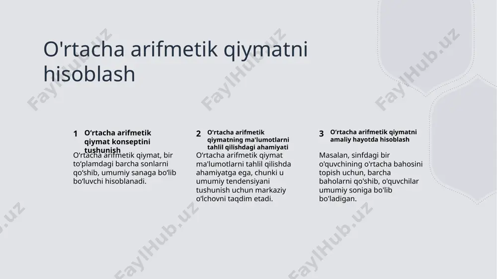 bir mijoz uchun daromadni hisoblash va xodimlar faoliyatini aniqlash uchun ishlatiladi. statistik tahlilda oʻrtacha arifmetik qiymat, markaziy tendentsiyani aniqlash va turli ma'lumotlar to'plamlari o'rtasida taqqoslash uchun ahamiyatga ega. chiquvchilarning o'rtacha arifmetik qiymatga ta'siri anomaliyalarning tavsifi chet elonlar ma'lumotlar to'plamidan ancha farq qiladigan ma'lumotlar bo'lib, masalan, 1-10 oralig'ida bo'lgan sonlar ro'yxatida 1000. oʻrtacha ta'siri oʻrtacha qiymatlar, bitta extremal qiymat katta ta'sir ko'rsatishi bilan oʻrtacha arifmetik qiymatni oʻzgartirishi mumkin. to'g'ri qo'yma ta'siri kamaytirish oʻrtacha arifmetik qiymatga chertalarni ta'sirini kamaytirish uchun, bu katta ma'lumot nuqtalarini olib tashlash yoki moslashni ko'rishni xohlayman. tadqiqotda standart og'ishning ahamiyati oʻrtacha farq miqdori oʻrtacha ogʻirlik, maʼlumotlar toʻplamidagi maʼlumot nuqtalarining oʻrtacha etrafidagi tarqalishni oʻlchaydi va tadqiqotchilarga oʻzlarining maʼlumotlar toʻpl ma'lumotlarning ishonchliligini baholash oʻzlashtiruvchilar, ma'lumotlarining ishonchini baholash uchun standart ogʻishdan foydalanishadi, ma'lumot nuqtalari yaqin joylashgan yoki keng tarqalganligini aniqlaydi. muqobil ma'lumot to'plamlarini taqqoslash oʻrtacha ogʻirlik, tadqiqotchilarga turli ma'lumotlar to'plamlarining farqini solishtirishga imkon beradi, ularni qaysi to'plamda ko'proq barqaror yoki ishonilgan …