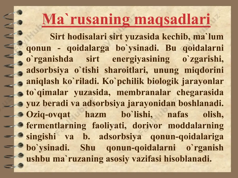 sil bo`lishi bilan boradigan adsorbsiya - hemosorbsiya deyiladi. sorbsiyaga teskari bo`lgan jarayon - desorbsiya adsorbsiya yuz beradigan yuzalar. gaz - suyuqlik. gaz - qattiq modda suyuqlik - suyuqlik. suyuqlik - qattiq modda odam organizmida: hujayralar va hujayra yadrolari, protoplazmalar, organizm va muhit orasidagi sirt chegarasi va ularda boradigan hodisalar: yog`lar harakati va xazm qilish jarayonlari, fermentlarning faoliyati, oqsil biosintezi va boshqalar. harakatsiz sirtdagi adsorbsiyaga ta`sir etuvchu omillar 1. adsorbent va adsorbtiv tabiati 2. adsorbentning disperslik darajasi 3. adsorbtivning konsentratsiyasi yoki bosimi 4. harorat 5. erituvchining tabiati adsorbsiya miqdorini baholash solishtirma adsorbsiya - adsorbentning 1 cm2 yuzasiga yoki 1 g massasiga yutilgan moddaning mol miqdoridir: x x г = ------- mol/cm2 ; г = ------- mol/g s m harakatsiz satxdagi adsorbsiya uchun x freyndlix tenglamasi: x г = ------- = k·c1/n г = ------- = k ·p1/n m m adsorbsiya miqdorini baholash freyndlixning tog`ri chiziq tenglamasi: x lg ------- = lgk …