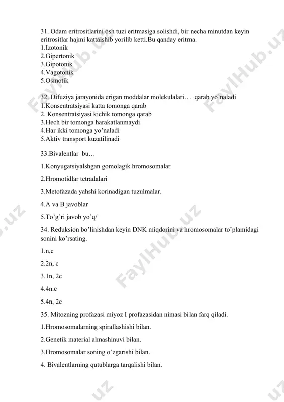 ang ? 1. osmotik bosim bu hujayra ichidagi bosimga teng bo’lgan eritma 2. оsh tuzini 0,9 % eritmasi 3. vaqtincha qon quyishdan oldin quyiladigan eritma 4. osmotik bosim bu hujayra ichidagi bosimga nisbatan yuqori bo’lgan eritma 5. оsh tuzini 1,0 % da yuqori bo’lgan eritmasi 6. yiringli yaralarni davolashda ishlailsa eritma 30. fiziologik eritma uchun tegishli bo’lganlrni aniqlang ? 1. osmotik bosim bu hujayra ichidagi bosimga teng bo’lgan eritma 2. оsh tuzini 0,9 % eritmasi 3. vaqtincha qon quyishdan oldin quyiladigan eritma 4. osmotik bosim bu hujayra ichidagi bosimga nisbatan yuqori bo’lgan eritma 5. оsh tuzini 1,0 % da yuqori bo’lgan eritmasi 6. yiringli yaralarni davolashda ishlailsa eritma 31. odam eritrositlarini osh tuzi eritmasiga solishdi, bir necha minutdan keyin eritrositlar hajmi kattalshib yorilib ketti.bu qanday eritma. 1.izotonik 2.gipertonik 3.gipotonik 4.vagotonik 5.osmotik 32. difuziya jarayonida erigan moddalar molekulalari… qarab yo’naladi 1.konsentratsiyasi katta tomonga qarab 2. konsentratsiyasi kichik tomonga qarab 3.hech bir …
