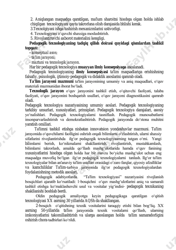( b.t.lixachyov) 6. pedagogik texnologiya –ta'lim beruvchi mahoratiga bog„liq bo„lmagan holda pedagogik muvoffaqiyatni kafolatlay oladigan, ta'lim oluvchi shaxsini shakllantirish jarayonining loyihasidir (v.p.bespalko). 7. pedagogik texnologiya o„quv jarayonining ta'lim oluvchilar va ta'lim beruvchilar uchun so„zsiz qulay sharoitlar ta'minlanishni loyihalash, tahlil qilish va o„tkazish bo„yicha hamma detallari o„ylab chiqilgan birgalikdagi pedagogik faoliyat modeli ( v.m.monaxov ). 8. pedagogik texnologiya vaqt taqsimotiga muvofiq dasturlanib, ilmiy jihatdan asoslanganhamda kutilgan natijaga erishishni ta'minlovchi pedagogik jarayonning barcha bosqich va qismlarining vazifalari aniq belgilangan tizim ( o„.q.tolipov). pedagogik texnologiya ta'riflariga bo„lgan turli yondashuvlar shuni ko„rsatadiki, haqiqatdan ham o„qitish texnologiyalari fan va ishlab chiqarish hamda ta'lim-tarbiya jarayonlari oralig„idan o„rin oladi, u o„qitishning didaktika nazariyasi va amaliyoti bilan chambarchas bog„langan. pedagogik texnologiya o„quv faoliyatini boshqarish jarayonini loyihalash va konstruksiyalash funksiyalarini o„zida qamrab oladi. pedagogik texnologiyalarni mazmuni quyidagi yo„nalishlarni chuqurlashtirishga qaratilgan: a). gumanlashtirish va demakratlashtirish. v). individuallashtirish s). rivojlantirish d). faollikni oshirish (bajarib o„rganish) o„qitish texnologiyasi tarkibiga o„kuv jarayonini boshqarishning …