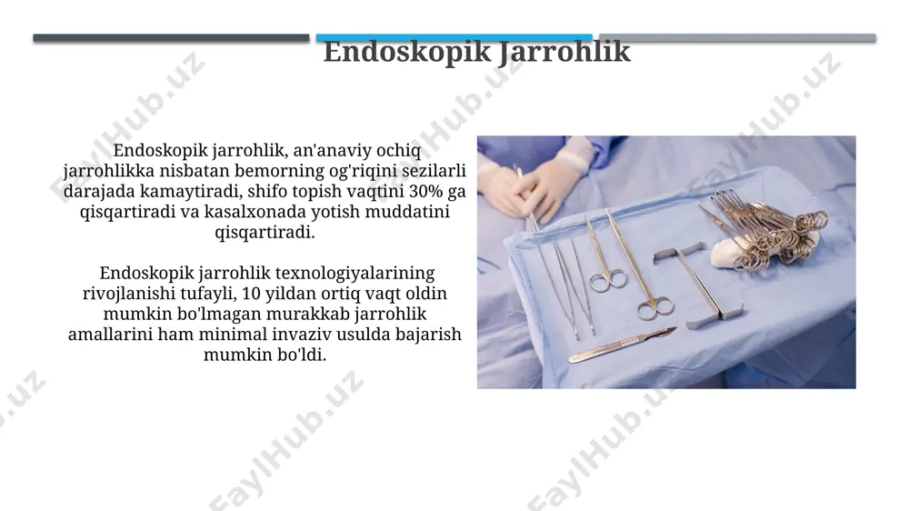umumiy sog'lig'iga bog'liq bo'lib, o'rtacha 4-6 hafta davom etadi, va reabilitatsiya dasturlari individual ravishda tuziladi. minimal invaziv jarrohlik usullari minimal invaziv jarrohlik usullari, an'anaviy jarrohlikka nisbatan 10-15 baravar kichikroq kesmalarni talab qiladi, bu esa bemorlarning tezroq tuzalishini va kamroq og'riqni ta'minlaydi. laparoskopik jarrohlik kabi minimal invaziv usullar, 3-4 mm diametrli maxsus asboblar va kichik kamerani qo'llash orqali, ichki organlarga kirishni ta'minlaydi. bemorlarni tayyorlash va rejalashtirish operatsiyadan oldingi 12 soat ichida bemorga og'iz orqali ovqat va ichimliklarni iste'mol qilish taqiqlanadi, shuningdek, jarrohlik davomida zarur bo'lgan dori-darmonlar va protseduralar muhokama qilinadi. bemorlarning minimal invaziv jarrohlik aralashuviga tayyorgarligi 5-7 kun oldin boshlanadi va qon testlari, ekg va ko'krak qafasi rentgenogrammasi kabi diagnostika tadbirlari o'z ichiga oladi. minimal invaziv jarrohlikning kelajagi robot-yordamchi jarrohlik tizimlari, masalan, da vinci jarrohlik tizimi kabi, yaqin 10 yil ichida 80% gacha ko'proq minimal invaziv protseduralarni amalga oshirishga imkon beradi. minimal invaziv jarrohlikning kelajagi sun'iy intellekt va mashinani o'rganish texnologiyalarining …