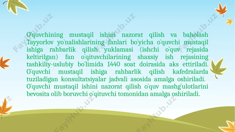 shi fanda, tajribada erishilgan eng so'nggi yutuqlarni o'rganishga diqqat qaratilishi hamda o'z nuqtayi nazarinbayon qilish va taklif, tavsiyalar ishlab chiqishga harakat qilishidir. 11 o'quv yurtlarida keng qo'llaniladigan mustaqil izlanishning yana bir turi dokladdir. 12 1 muayyan mavzudagi axborot, maruza; 2 3 ilmiy ish turi sifatida qarash mumkin. talabalarning mustaqil ish turi; talabalar dokladni mustaqil ish turi sifatida seminar darslariga tayyorlab kelishlari mumkin. dokladni adabiyotlami o'rganib, tanlangan mavzuga chuqur yondashib, o'z kuzatishlarini ham ishlata bilgan holda tayyorlashlari kerak. doklad tayyorlash jarayonida talaba adabiyotlar bilan ishlash, turli manbalardan olgan materiallarini umumlashtirish, o'z fikrini yozma ravishda ifodalashga o'rganadi. referat, doklad yozish uchun talaba, avvalo, fanni nazariy jihatdan puxta o'zlashtirishi kerak. tanlab olingan mavzuni yoritish uchun kirish, 3—4 savol qo'yiladi va xulosa beriladi. 13 e’tiboringiz uchun rahmat!!! 14 /docprops/thumbnail.jpeg