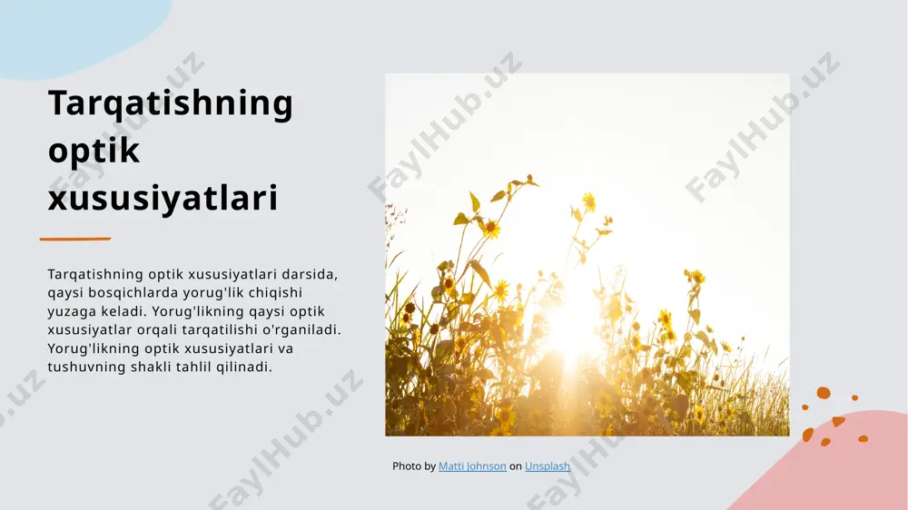 optik spektr va tasvir shakllanishining o'zgarishi 1 optik spektrda ranglar optik spektr ranglarni o'z ichiga oladi va fotonlarning energiyasini aks ettiradi, ranglarni ta'qib qiladi. 2 tasvir shakli va o'zgarishlar tasvir shakli optik spektrning o'zgarishi orqali tasvirlarni ko'rishimizga olib keladi, fokuslanish va engelni tushunishimizni oshiradi. 3 optik spektrning fizikasi optik spektr fizikasi, fotonlar va optik qonunlari orqali tasvirlarni shakllantirishda qanday ahamiyatga ega ekanligini tushuntiradi. yorug'likning fizikaviy asoslari yorug'likning fizikaviy asoslari dastlabki ko'rsatkichlari, tomonlari, va yorug'likning optik xossalari bo'yicha tushunchalarini ta'kidlaydi. bu jarayonlar yorug'likning yoritish va to'qish xususiyatlarini tushuntiradi. photo by luke stackpoole on unsplash og'abekning nazariy ta'limoti 1 og'abekning nazariy ta'limoti bu slayd og'abekning nazariy ta'limotini tushuntiradi va uning asosiy muammolari va hal etish usullari haqida tushuncha bering. 2 og'abekning tashqi turlari og'abekning tashqi turlari, yani tuz va suvda, xalqaro ta'limda katta ahamiyatga ega. ular ushbu mavzuga aloqador misollar va ma'lumotlar keltiradilar. 3 og'abekning optik xususiyatlar og'abekning optik xususiyatlar, yani tashqi …