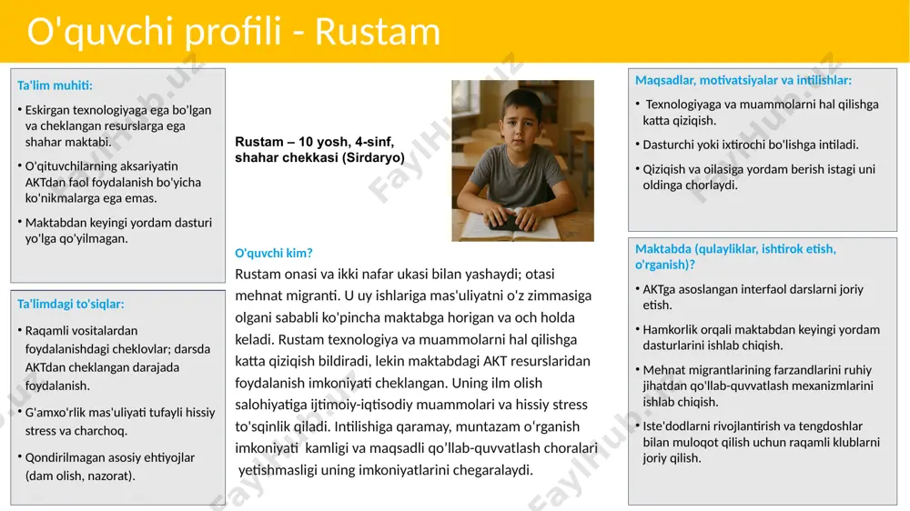 oyihaga asoslangan ta'limning etishmasligi. an'anaviy kutilmalar qizlarning davomli ta'lim olishini cheklashi mumkin. stem sohalarida ayollar rol modellaridan cheklangan holda foydalanish. ta'lim muhiti: darslik asosida o'qitish; tadqiqot yoki stemni o'rganishdagi cheklovlar. an'anaviy sinf normalari; cheklangan darsdan tashqari tadbirlar. jamiyatda qizlar ta’limiga nisbatan konservativ munosabat. malika – 12 yosh, 6-sinf, o‘rtacha hajmdagi shahar (qashqadaryo) membres du groupe : inklyuziv infratuzilma va barcha uchun teng ta’lim olish imkoniyati to‘siqlarsiz va xavfsiz maktab standartlari 1. maktabga olib boruvchi asosiy yo‘l va kirish qismi mavjudligi 2. maktab hududidagi kamida 2m kenglikdagi piyodalar yo‘laklari mavjudligi 3. asosiy kirish qismida kamida 1m kenglikka 1:12 qiyalikdagi qo‘l tutqichlari 0.7m dan 0.9m bo‘lgan pandus mavjudligi 4. kengligi kamida 1.8m to‘siqlarsiz yo‘laklarning mavjudligi (masalan, ustunlar, quvurlar, isitish radiatorlar kabi to‘siqlar) 5. sinf xonaning eshik kengligi kamida 0.9m, eshik ostonasidan o‘tishda balandlik darajasi o‘zgarishsiz bo‘lishi 6. maktab oshxonasida nogironligi bor o‘quvchilar uchun moslashtirilgan balandligi 0.7m dan oshmaydigan qo‘l yuvish moslamalari mavjudligi …
