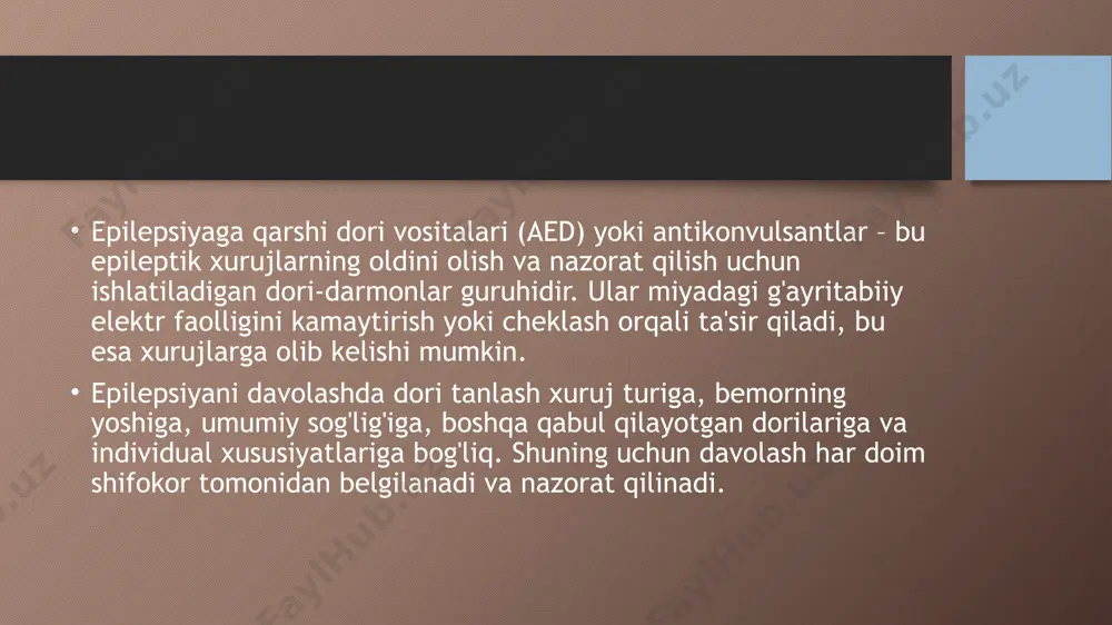 lutamat retseptorlarini blokirovka qilish: glutamat miyadagi asosiy qo'zg'atuvchi neyromediator hisoblanadi. ba'zi dorilar uning retseptorlarini bloklab, haddan tashqari qo'zg'alishni kamaytiradi. masalan: * perampanel (perampanel) * felbamat (felbamate) (jiddiy nojo'ya ta'sirlari tufayli kam qo'llaniladi) * topiramat (topiramate) (bir nechta mexanizmlar orqali ta'sir qiladi) * boshqa yoki aralash ta'sir mexanizmlari: ba'zi yangi dorilar o'ziga xos yoki bir nechta mexanizmlar orqali ta'sir qiladi. masalan: * levetiratsetam (levetiracetam) - o'ziga xos ta'sir mexanizmiga ega. * zonisamid (zonisamide) * brivaratsetam (brivaracetam) epilepsiyaga qarshi dori vositalarini qo'llashda muhim jihatlar: * shifokor nazorati: davolash har doim malakali nevrolog yoki epileptolog tomonidan tayinlanishi va nazorat qilinishi kerak. o'z-o'zini davolash qat'iyan man etiladi. * to'g'ri dozani tanlash: shifokor dorining minimal samarali dozasini topish uchun dozani asta-sekin oshirib borishi mumkin. * muntazam qabul qilish: dorilarni belgilangan vaqtda va dozada muntazam qabul qilish juda muhim. qabul qilishni o'tkazib yuborish xurujlarning qaytalanishiga olib kelishi mumkin. * to'satdan to'xtatmaslik: shifokor ruxsatisiz dorini qabul qilishni …
