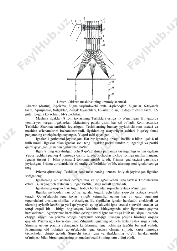 rik naqsh maydoni, mayda naqshli o‘rilish rapporti maydonidan kichik ham bo‘lishi mumkin. rapport maydon o‘lchami to‘qimani tanda va arqoq bo‘yicha zichligi va uni ishlab chiqarishda ishlatilgan iplarni yo‘g’onligiga bog’liq. yirik naqshli to‘qimalarni to‘qishda jakkard mashinalari ishlatiladi. jakkard mashinalari ham shoda ko‘tarish karetkalariga o‘xshab, bir ko‘tarilmali va ikki ko‘tarilmali bo‘lishi mumkin. ikki ko‘tarilmali jakkard mashinalari tezkor to‘quv dastgohlariga o‘rnatiladi. ko‘pincha, bir ko‘tarilmali jakkard mashinalarida ochiq yoki yopiq, ikki ko‘tarilmali mashinalarda ochiq va yarim ochiq homuza hosil qilinadi. mashinaning ko‘tarish mexanizmi asosan pichoq va ilgaklardan iborat bo‘lib, ilgaklar soni jakkard mashinasining quvvatini belgilaydi. ilgaklari qancha ko‘p bo‘lsa, shuncha katta rapportli o‘rilishdagi to‘qimalar hosil qilish mumkin.jakkard mashinalari asosan 400, 600, 800, 1320 va undan ko‘p ilgakli bo‘lishi mumkin. juda katta rapportli yoki katta enli to‘qimalar to‘qish uchun bir vaqtda dastgohga bir necha jakkard mashinasini o‘rnatish ham mumkin. jakkard mashinasidagi ignalar oralig‘iga qarab, bu mashinalar yirik, o‘rta va mayda taqsimlangan bo‘lishi mumkin. jakkard mashinalari …