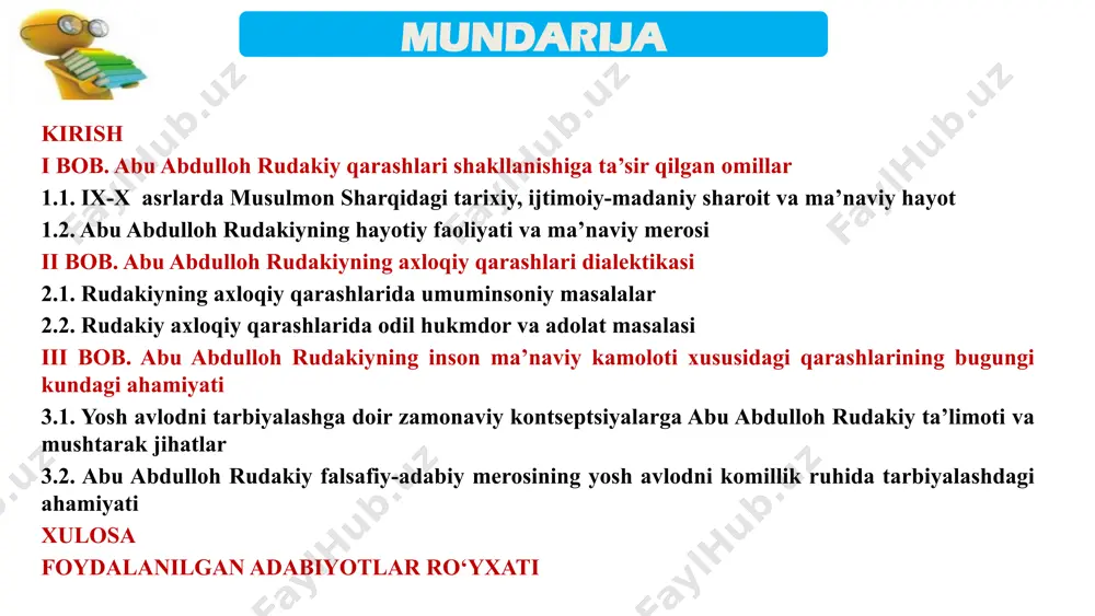 imida ham o’ziga xos yangilanishlar va o’zgarishlar sodir bo’ldi. mustabid sho’ro tuzumi davrida tuzumga mos ravishda mafkuralashtirilgan tarix va falsafa sohasida qayta ishlab chiqish extiyojlaridan kelib chiqib, nisbatan yangiliklar amalga oshirildi. ushbu sohalarning asl mohiyatini xalqimizga etkazish ziyolilarimizga dolzarb vazifa sifatida yuklatildi. darhaqiqat, xalq o’z tarixini mukammal darajada o’rganish zarur. ushbu magistrlik ishida atoqli ijodkor va shoir abu abdulloh rudakiyning axloqiy qarashlari tadqiq qilinadi. ushbu mavzuning dolzarbligi uning mamlakatimizda yetarli o’rganilmaganligi bilan belgilanadi. tadqiqotning ob’ekti va predmeti. • tadqiqotning ob’ekti – ix-xi asrlarda musulmon sharqida axloq falsafasining rivojlanishi • predmeti – abu abdulloh rudakiyning axloqiy qarashlari etib belgilandi. tadqiqotning maqsadi rudakiy asarlaridagi axloqqa oid qarashlarini o’rganib, ulardagi umuminsoniy, tarbiyaga va ilmga oid bir-biriga o’xshash va farqli jihatlarini topishdan iborat. bu esa o’z navbatida uning falsafiy-axloqiy qarashlarini chuqurroq o’rganish va undagi ma’no mohiyatini teranroq anglash, shu bilan birga o’sha davr, ya’ni o’rta asrlardagi axloqiy muhitni tushunish imkonini beradi. tadqiqotning vazifalari. - …