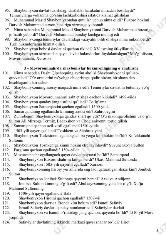 ima qildi? buxoro hokimi darvish muhammad tarxon huzuriga xizmatga yuboradi 97. nima sababdan muhammad mazid shayboniyxonni darvish muhammad huzuriga jo’natib yubordi? darvish muhammad bunday kuchga muhtoj edi 98. shayboniyxonga temuriylar davlatidagi vaziyatni bilib olishga nima imkon berdi? turli hukmdorlarga hizmat qilish 99. shayboniyxon bobosi davlatini qachon tikladi? xv asrning 80-yillarida 100. shayboniyxon xizmatidan qaysi davlat hukmdorlari foydalanishgan? mo’g’uliston, movorounnahr, xuroson 3 - movorounnahrda shayboniylar hukmronligining o’rnatilishi 101. nima sababdan dasht qipchoqning ayrim aholisi shayboniyxonni qo’llab-quvvatladi? o’z orzularini ro’yobga chiqarishga qodir birdan-bir shaxs deb hisoblaganliklari uchun 102. shayboniyxonning asosiy maqsadi nima edi? temuriylar davlatini butunlay yo’q qilish 103. shayboniyxon movorounnahrni zabt etishga qachon kirishdi? 1499-yilda 104. shayboniyxon qanday jang usulini qo’lladi? to’lg’ama 105. shayboniyxon samarqandni qachon egalladi? 1500-yilda 106. samarqandning egallanishi kimning xatosi edi? zuhrobegim 107. zuhrobegim shayboniyxonga qanday shart qo’ydi? o’z nikohiga olishini va o’g’li sulton ali mirzoga termiz, badaxshon va chog’aniyonni tortiq qilish 108. samarqand qachon uzil-kesil egallandi?1501-yilda 109. …