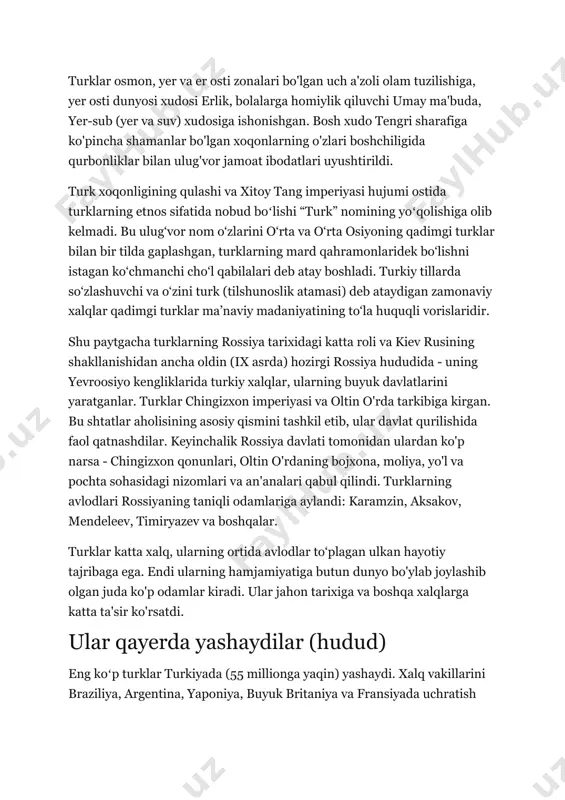 i. ular qonun va hokimiyat - butun turk xoqonligi - mustahkamlangan, himoyalangan, baland tutilgan ". turklar osmon, yer va er osti zonalari bo'lgan uch a'zoli olam tuzilishiga, yer osti dunyosi xudosi erlik, bolalarga homiylik qiluvchi umay ma'buda, yer-sub (yer va suv) xudosiga ishonishgan. bosh xudo tengri sharafiga ko'pincha shamanlar bo'lgan xoqonlarning o'zlari boshchiligida qurbonliklar bilan ulug'vor jamoat ibodatlari uyushtirildi. turk xoqonligining qulashi va xitoy tang imperiyasi hujumi ostida turklarning etnos sifatida nobud boʻlishi “turk” nomining yoʻqolishiga olib kelmadi. bu ulug‘vor nom o‘zlarini o‘rta va o‘rta osiyoning qadimgi turklar bilan bir tilda gaplashgan, turklarning mard qahramonlaridek bo‘lishni istagan ko‘chmanchi cho‘l qabilalari deb atay boshladi. turkiy tillarda so‘zlashuvchi va o‘zini turk (tilshunoslik atamasi) deb ataydigan zamonaviy xalqlar qadimgi turklar ma’naviy madaniyatining to‘la huquqli vorislaridir. shu paytgacha turklarning rossiya tarixidagi katta roli va kiev rusining shakllanishidan ancha oldin (ix asrda) hozirgi rossiya hududida - uning yevroosiyo kengliklarida turkiy xalqlar, ularning buyuk davlatlarini yaratganlar. …