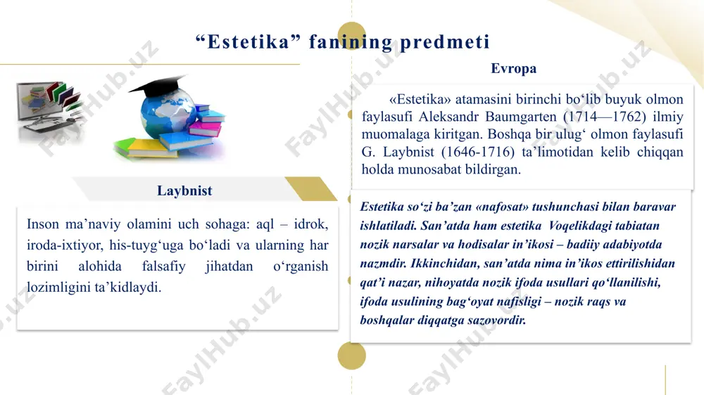 lchov ko‘rinishda, nafaqat tabiat hodisalari, balki adolat, mardlik, sahovat, donishmandlik kabi yaxshi insoniy fazilatlar ham kiradi. go‘zallik – bu tabiat, jamiyat, san’at hodisasi bo‘lib, biror narsaga his-tuyg‘u orqali ta’sir o‘tkazish bilan insonda jismoniy va ma’naviy kuchlar oqimining ko‘payishiga, shodlik, zavqlanish, ma’na-viy qoniqish holati vujudga kelishiga imkon yaratiladi. qadimgi yunon faylasufi platon bu muammoni ilk bor «nima go‘zal?» va «go‘zallik nima?» degan savollarga, go‘zallikni u jonli, hissiyotli, o‘zgaruvchan narsalar olamidan ajralib qolgan abadiy ruh - g‘oya sifatida ta’riflaydi. go‘zallik va uning muqobillari san’atdagi go‘zallik – hayotdagi go‘zallikning in’ikosi bo‘lib, boshqa odamlardan farqi shunda-ki, u boshqalar fahmlay olmagan go‘zallikni hamma erda ko‘ra olish, fahmlash, sezish, his qilish qobiliyatiga egadir. haqiqat va go‘zallik birligi san’at taraqqiyotining qonuniyatlaridan biridir. shekspir «go‘zallik qimmatli haqiqat bilan yakunlanib, yuz chandon go‘zallik kashf etadi», deydi. san’at estetik orzuni ro‘yobga chiqarish: 1) ijobiy qahramon ramzini yaratish, ijobiy qahramon – ijodkorning go‘zallik haqidagi estetik orzusidir. 2) salbiy qahramon – go‘zallikning …