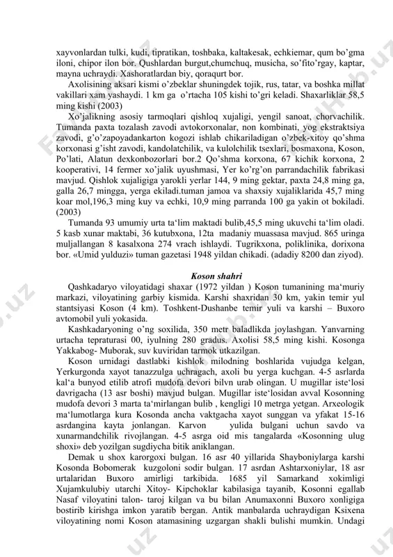 4 fermer xo’jalik uyushmasi, yer ko’rg’on parrandachilik fabrikasi mavjud. qishlok xujaligiga yarokli yerlar 144, 9 ming gektar, paxta 24,8 ming ga, galla 26,7 mingga, yerga ekiladi.tuman jamoa va shaxsiy xujaliklarida 45,7 ming koar mol,196,3 ming kuy va echki, 10,9 ming parranda 100 ga yakin ot bokiladi. (2003) tumanda 93 umumiy urta ta‘lim maktadi bulib,45,5 ming ukuvchi ta‘lim oladi. 5 kasb xunar maktabi, 36 kutubxona, 12ta madaniy muassasa mavjud. 865 uringa muljallangan 8 kasalxona 274 vrach ishlaydi. tugrikxona, poliklinika, dorixona bor. «umid yulduzi» tuman gazetasi 1948 yildan chikadi. (adadiy 8200 dan ziyod). koson shahri qashkadaryo viloyatidagi shaxar (1972 yildan ) koson tumanining ma‘muriy markazi, viloyatining garbiy kismida. karshi shaxridan 30 km, yakin temir yul stantsiyasi koson (4 km). toshkent-dushanbe temir yuli va karshi – buxoro avtomobil yuli yokasida. kashkadaryoning o’ng soxilida, 350 metr baladlikda joylashgan. yanvarning urtacha tepraturasi 00, iyulning 280 gradus. axolisi 58,5 ming kishi. kosonga yakkabog- muborak, suv kuviridan …