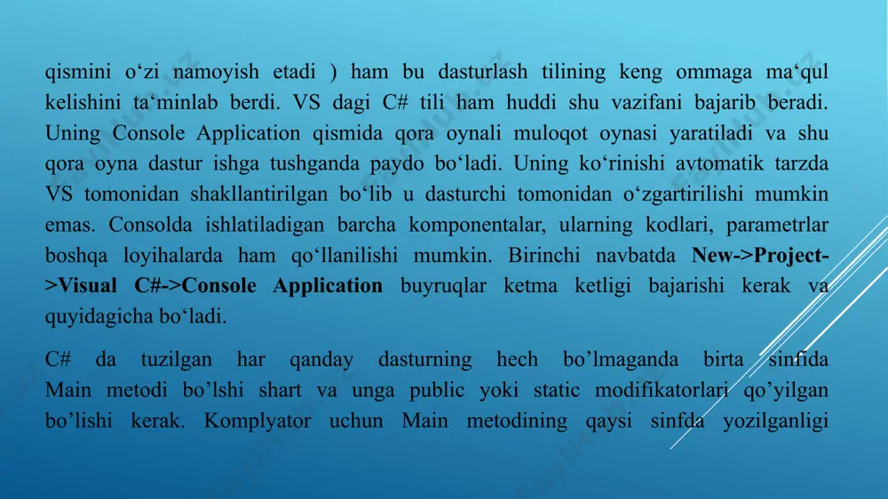 i amalga oshirish uchun uning nomini tayanch sinf nomiga o'xshash sinf nomidan keyin ko'rsatish kifoya. quyida sinfda interfeysni amalga oshirishning umumiy shakli keltirilgan: class sinf_nomi: interfeys1_nomi, interfeys2_nomi { // sinf nomi } bu erda interfeys_nomi - amalga oshirilayotgan interfeysning o'ziga xos nomi. agar interfeys allaqachon sinfda amalga oshirilgan bo'lsa, unda bu to'liq bajarilishi kerak. xususan, interfeysni tanlab va faqat qismlarga bo'lib amalga oshirish mumkin emas. ushbu interfeys qiymatlari buyurtma qilinishi yoki saralanishi mumkin bo'lgan turlari bo'yicha amalga oshiriladi. amalga oshiriladigan turlar bitta misolni (compareto (object)) belgilashni talab qiladi, bu tartiblash tartibida joriy instansiyaning pozitsiyasi bir xil turdagi ikkinchi ob'ektdan oldin, keyin yoki bir xil ekanligini bildiradi. masalan ning icomparable amalga oshirish kabi usullar bilan avtomatik ravishda deb ataladi array.sort va arraylist.sort . compareto (object) usulini amalga oshirish quyidagi jadvalda ko'rsatilgandek uchta qiymatdan biriga ega bo'lgan int32 ni qaytarishi kerak . icloneable interfeysi mavjud ob'ekt nusxasini yaratadi tayyorlangan bajarilishini ta'minlash imkonini …