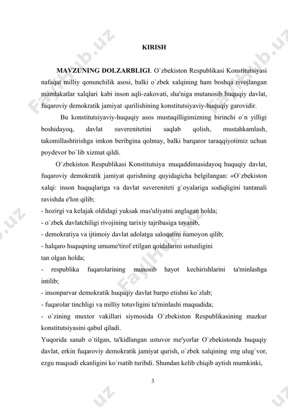 dam tashlayotganligiga zamin bo`lib, davlatchiligimizning kelajagi bundan-da buyukroq bo`lishiga komil ishonch hosil qilamiz, e'tiqodimiz yanada mustahkamlanadi. o`zbekiston konstitutsiyasining muqaddasligi shundaki, u mustabid tuzum, uning mafkuraviy aqidalaridan xalqimiz millatimizni qanday xolos qilish, zamonaviy hayot kechirish, yashash, fikrlashga qanday o`tish, buning uchun esa nafaqat o`zbekistonda mintaqamizda, balki butun dunyoda tinchlikni saqlab qolish, barqaror taraqqiyotimizni davom ettirish, hududiy, etnik, madaniy yaxlitligimiz, bir butunligimiz va daxlsizligimizni ta'minnlash ya'ni tom ma'noda milliy xavfsizligimizni ta'minlash, o`zimiz tanlagan yo`l – taraqiyotning “o`zbek modeli” yo`lidan izchil, og`ishmay va sobiq qadamlik bilan taraqqiy etishimiz yo`llarini ko`rsatib berdi, barqaror taraqqiyotimiz uchun buyuk konstitutsiyaviy-huquqiy asos, tayanch va pirovard maqsad, nishon bo`lib xizmat qilmoqda. 1 karimov i.a. “o’zbekiston: milliy istiqlol, iqtisod, siyosat, mafkura”. 1-jild. — т.: o’zbekiston, 1996 [5] mavzuning maqsad va vazifalari. mavzuning yoritilishidagi asosiy maqsad bu o’zbekiston respublikasining konstitutsiyasining mafkuraviy g’oyalarini tahlil etish. huquqiy asos bo’lgan hujjatning har bir moddasida mujjassamlashgan milliy mafkura g’oyalarini o’rganish va mohiyatini ochib berishdir. i. …
