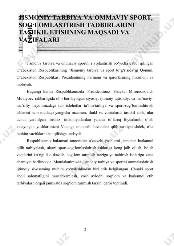 a’lim, ishlab chiqarish integratsiyasini ta’minlash asosiy vazifalar etib belgilangan. ( 9 ) ( jismoniy tarbiya va ommaviy sport, sog‘lomlastirish tadbirlarini tashkil etishning maqsadi va vazifalari ) jismoniy tarbiya va ommaviy sportni rivojlantirish bo‘yicha qabul qilingan o‘zbekiston respublikasining “jismoniy tarbiya va sport to‘g‘risida”gi qonuni, o‘zbekiston respublikasi prezidentining farmoni va qarorlarining mazmuni va mohiyati. bugungi kunda respublikamizda prezidentimiz shavkat miromonovich mirziyoev rahbarligida olib borilayotgan siyosiy, ijtimoiy iqtisodiy, va ma’naviy-ma’rifiy hayotimizdagi tub islohotlar ta’lim-tarbiya va sport-sog‘lomlashtirish ishlarini ham mutlaqo yangicha mazmun, shakl va vositalarda tashkil etish, ular uchun yaratilgan mislsiz imkoniyatlardan yanada to‘laroq foydalanib, o‘sib kelayotgan yoshlarimizni vatanga munosib farzandlar qilib tarbiyalashdek, o‘ta muhim vazifalarni hal qilishga undaydi. respublikamiz hukumati tomonidan o‘quvchi-yoshlarni jismonan barkamol qilib tarbiyalash, ularni sport-sog‘lomlashtirish ishlariga keng jalb qilish, bo‘sh vaqtlarini ko‘ngilli o‘tkazish, sog‘lom turmush tarziga yo‘naltirish ishlariga katta ahamiyat berilmoqda. mamlakatimizda jismoniy tarbiya va sportni ommalashtirish ijtimoiy siyosatning muhim yo‘nalishlardan biri etib belgilangan. chunki sport aholi salomatligini mustahkamlash, yosh …