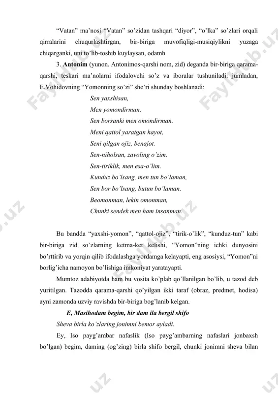 hustu shirin mehinbonu bila shiringa yetgoni” “poymolig’i” - “oshganligi”, “kishvari” - “o’lkasi”, “azimat” - “yo’l olmoq”, “sabza” - “maysa” “rayohinidin” - “rayhonlaridin”, “xoro”- “tosh”, “ajzin” - “ojizligi”, “kamar” - “bel”, “chust etgani” - “shaylagani” tarzida tushunsakkina xv asrdagi muallif nutqini, uning “oliy” uslubiyatining o’ziga xosligini to’liq anglaymiz: “farhodning shopur rahnomoligi bilan dasht (cho’lu biyobon)larni oshib yaman mamlakatidan arman o’lkasiga yo’l olgani, armanning eramoso (jannatdagiga o’xshash) maysalari va rayhonlaridan ko’ngli gul-gul ochilgani va armaniya tog’i kamarida tosh qaziyotgan el ojizligini ko’rib, kayfiyatlari (holi-ahvoli)ni so’rab tosh qazishga bel bog’lagani va bu xabarning juda tez mehinbonu va shiringa yetgani” mazmuni bayon qilinganini tushunamiz. yuqoridagidek tarixiy so’z va iboralar ishlatilmaganda, biz xv asr ruhini, o’sha davr badiiy tilini bu qadar aniq bilmagan bo’lardik. ikkinchisi, eski so’z – arxaizm (yunon. archaios-qadimgi so’z) – bugungi kunda sinonimi ishlatilayotgan, lekin asli ishlatilmayotgan eski so’zlardir, ya’ni aslidagi shakli eskirgan, ma’nosi sinonim so’z (yangi shakl)da bo’ladi. demak, eskirgan (arxaik) …