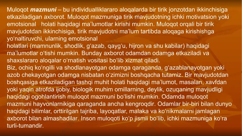 ash; - suhbatdosh shaxsini belgilash; - o‘z muloqoti mazmunini rejalashtirish, odam aynan nima haqida so‘z yuritishini tasavvur qiladi (odatda anglanmagan holda); - inson ongsiz ravishda (ba’zan ongli) foydalanishi mumkin bo‘lgan aniq vositalar, nutqiy iboralarni tanlaydi, qanday gapirib, o‘zini qanday tutishini o‘ylab qo‘yadi; - suhbatdoshning javob reaksiyasini idrok qilish va baholash, qaytar aloqa o‘rnatish asosida muloqot samaradorligini nazorat qilish; - muloqot yo‘nalishi, uslubi, metodlariga tuzatishlar kiritish. agar muloqot aktining biror-bir halqasi izdan chiqqudek bo‘lsa, so‘zlovchi muloqotdan kutgan natijalariga erisha olmaydi. blits-so’rov savollari 1. «muloqot» tushunchasi, uning maqsadi va mazmunini ochib bering. 2. insonlar muloqotining vazifalari va turlari nimadan iborat? 3. qanday muloqot vositalarini bilasiz? 4. muloqotning nuqtai nazarlari haqida gapirib bering. 5. muloqotdagi kauzal atributsiya, refleksiya, tenglashtirish va persepsiya nimani bildiradi? 6. tirik jonzotlar filogenezi va odam ontogenezidagi muloqot taraqqiyotini ochib bering. e`tiboringiz uchun tashakkur!!! image7.jpeg image8.jpeg image9.jpeg image10.jpeg image11.jpeg image12.png image13.png /docprops/thumbnail.jpeg