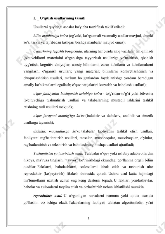 i qoida asosida qo'llashni o'z ichiga oladi. talabalarning faoliyati tabiatan algoritmikdir, ya'ni ko'rsatmalar, retseptlar, qoidalarga muvofiq, misolda ko'rsatilgan holatlarga o'xshash holatlarda amalga oshiriladi. muammoni taqdim etish usuli. turli manbalar va vositalardan foydalanib, o'qituvchi materialni taqdim etishdan oldin muammo qo'yadi, kognitiv vazifani shakllantiradi, so'ngra dalillar tizimini ochib beradi, nuqtai nazarlarni, turli yondashuvlarni taqqoslab, muammoni hal qilish yo'lini ko'rsatadi. o‘quvchilar va talabalar, go‘yo, ilmiy izlanishlarning guvohi va sheriklariga aylanishadi. qisman qidiruv yoki evristik usul. bu o'qituvchining rahbarligida yoki evristik dasturlar va ko'rsatmalar asosida o'qituvchi tomonidan qo'yilgan (yoki mustaqil ravishda tuzilgan) kognitiv vazifalarni hal qilish uchun faol qidiruvni tashkil etishdan iborat. fikrlash jarayoni mahsuldor xususiyatga ega bo'ladi, lekin shu bilan birga u o'qituvchi yoki o'quvchilarning o'zlari tomonidan dasturlar (shu jumladan kompyuterlar) va o'quv qo'llanmalari ustida ishlash asosida asta-sekin yo'naltiriladi va boshqariladi. turlaridan biri evristik suhbat bo'lgan bu usul fikrlashni faollashtirish, bilimga qiziqish uyg'otishning tasdiqlangan usuli hisoblanadi. tadqiqot usuli. materialni tahlil qilib, muammo va …