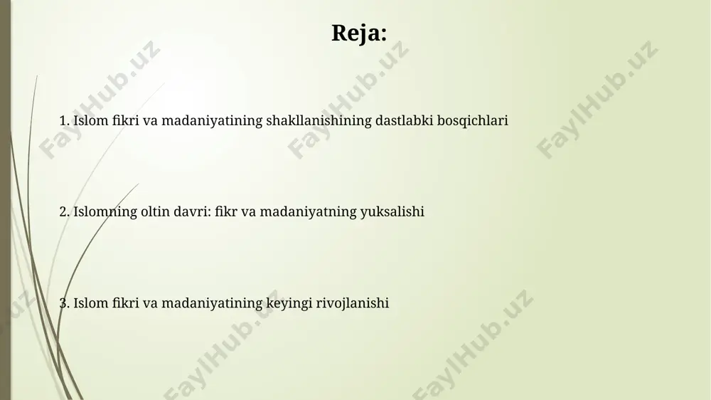 rlarda islom falsafasi va sufizm taʼsiri ostida yangi adabiy janrlar, masalan, qasida va ruboiylar paydo boʻldi. 13-14 asrlarda amir temur davrida islom madaniyati va adabiyoti yangi taraqqiyot bosqichiga koʻtarildi, turli janrlarda 500 dan ortiq asarlar yaratildi. paygʻambar davri va islom madaniyatining poydevori qur'onning vaqt o'tishi bilan yozilishi va to'planishi, 7-asrda arab yarim orolining turli qismlaridan kelgan sahobalar tomonidan amalga oshirilgan muhim bir jarayon edi. madina konstitutsiyasi (622 yil) diniy va dunyoviy qonunlarni birlashtirib, ko'p madaniyatli jamiyat uchun 1-huquqiy hujjat bo'lib xizmat qildi va keyinchalik islom huquqining rivojlanishiga ta'sir ko'rsatdi. islom dinining paydo boʻlishi va dastlabki davri islom dinining paydo boʻlishi 7-asrda, hijoz mintaqasining makka shahrida, muhammad paygʻambar (s.a.v.)ning vahiy qabul qilishi bilan boshlangan va 610-yilda boshlangan. dastlabki musulmonlar makkada taʼqiblarga duch kelganlar, shuning uchun 622-yilda madinaga hijrat qilishgan, bu voqea islom taqvimining boshlanishini belgilab bergan. islom siyosati va davlat tuzumining shakllanishi vii-viii асрлардаги халифалик даврида ислом сиёсати ва давлат тузумининг …
