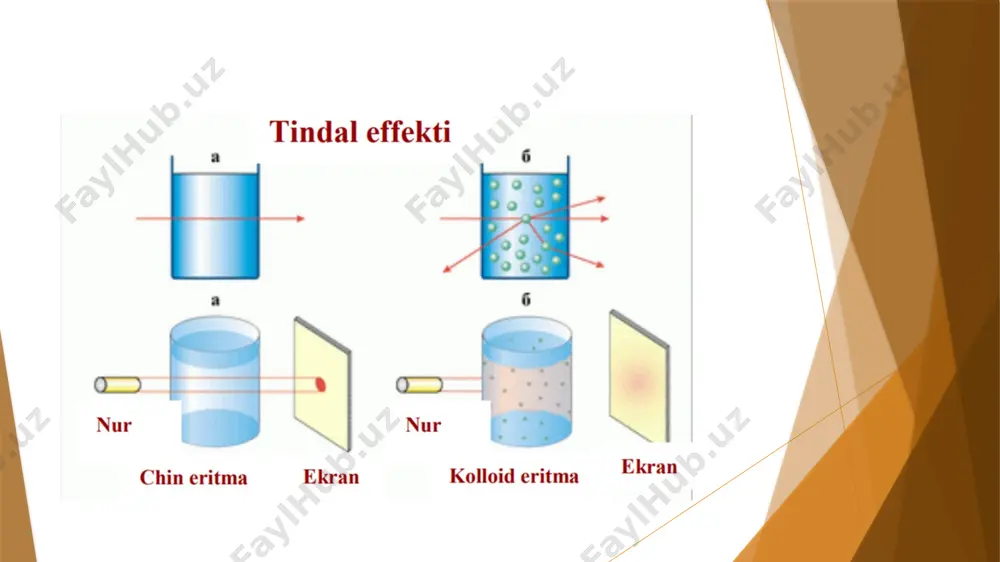 tadi, keyinchalik zarrachalar yana qaytadan zaryadlanadi platina zolining temir-(iii) –xlorid bilan koagullanishi c(fecl3),mmol/l koagullanish elektroforez platina zarrachalarining harakati 0,0208 - anodga 0,0577 - shuning uziga 0,0833 to’la bo’lmaydi 0,2222 to’la bo’lmaydi 0,3333 - katodga 6,667 - katodga 16,33 to’la bo’lmaydi elektrolit aralashmalari bilan koagullash ikki yoki bundan ortiq elektrolitlar aralashmasi bilan kolloid eritmaga birga ta’sir ettirishning uch xili bo‘lishi mumkin : 1) elektrolitlarning jami koagullovchn ta’siri (additivlik); 2) bir elektrolit ikkinchisining ta’sirini susaytiradi (antagonizm); 3) bir elektrolit ikkinchisining ta’sirini kuchaytiradi (sinergizm) dispers biologic suyuqliklarda boradigan jarayonlar odam organizmidagi qator biologik suyuqliklar kolloid sistemalarga tegishli bo`lib, ularda boradigan jarayonlar yuqorida ko‘rib o‘tilganlarga nixoyatda yaqin bo‘ladi. biologik suyuqliklar (birlamchi siydik, qon zardobi) tarkibida ca2+, po4 3- va oksalat ionlari hamda ularning tuzlari bo‘ladi. bunday ionlardan iborat sistemalar oddiy sharoitda beqarordir. ammo biologik suyuqliklarda bu tuzlar odatda eritma holatida bo‘ladi. bunga biosistemalarda saqlangan oqsil tabiatli moddalar (proteinlar) sabab bo‘lib, ular ta’sirida ca3(po4)2va cac2o4 …