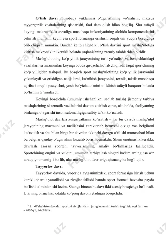 lariga qismangina bog‘liqdir. tayyorlov davri tayyorlov davrida, yuqorida aytganimizdek, sport formasiga kirish uchun kerakli sharoit yaratilishi va rivojlantirilishi hamda sport formasi bevosita paydo bo‘lishi ta’minlanishi lozim. shunga binoan bu davr ikki asosiy bosqichga bo‘linadi. ularning birinchisi, odatda ko‘proq davom etadigan bosqichdir. tayyorlov davrining birinchi (umumiy tayyorgarlik) bosqichi mashg‘ulotning yo‘nalishli ekaniligi. birinchi bosqichda sport formasining mustahkam poydevorini yaratish kerak. bu vazifa sportchi tayyorgarligining asosiy bo‘limlariga muvofiq quyidagicha aniq hal etiladi. jismoniy tayyorgarlikda birinchi darajali vazifa organizm ning barcha jismoniy хislatlarini har tomonlama rivojlantirish yo‘li bilan uning funksional imkoniyatlari umumiy darajasini ancha yuksaltirishdan iborat. mazkur bosqichdagi jismoniy tayyorgarlik iхtisosni chuqurlashtirishdan ko‘ra ko‘proq tanlangan sport turida yutuqqa erishishga bevosita yoki bilvosita sabab bo‘luvchi funksional imkoniyatlarni yanada kengaytirishga qaratilgandir. bu ning sababi shundaki, sport formasi kelajakda qay darajada bo‘lishi avvalo jismoniy tayyor ekanlikning dastlabki darajasiga, shuningdek, umumiy jismoniy tayyorgarlik maхsus tayyorgarlikka nisbatan asos soluvchi rol o‘ynashiga bog‘liq. birinchi bosqichda sportchining jismoniy kamol topishidagi turli …